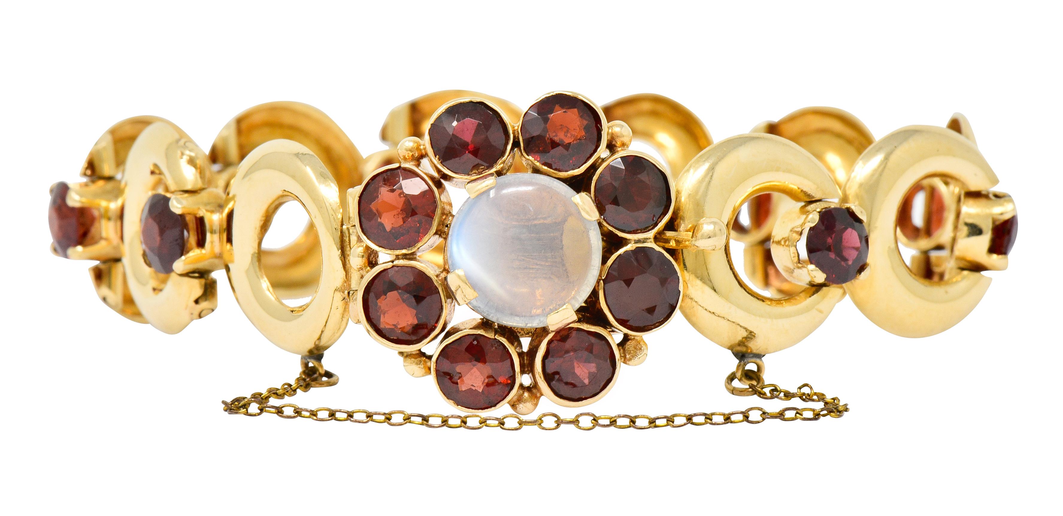 Lambert Bros. Retro Garnet Moonstone 14 Karat Gold Floral Cluster Link Bracelet 4