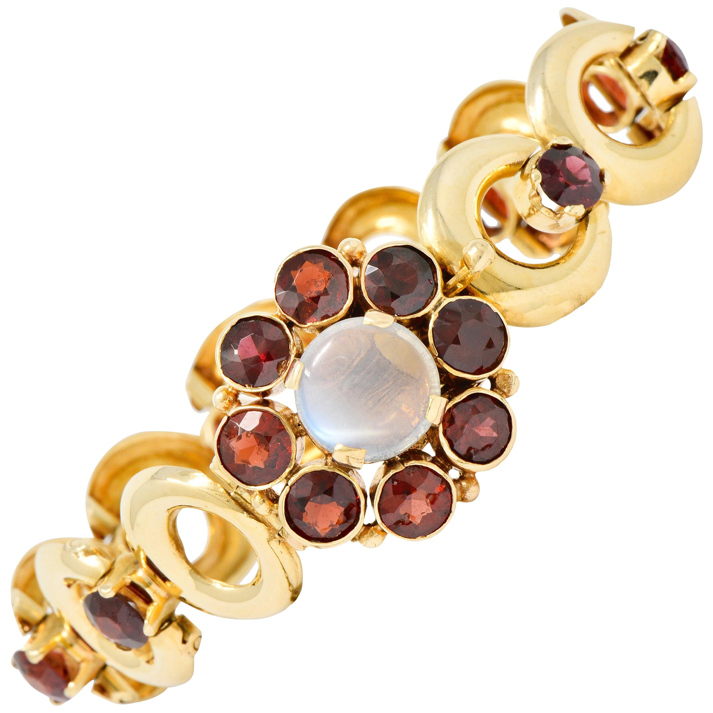 Lambert Bros. Retro Garnet Moonstone 14 Karat Gold Floral Cluster Link Bracelet