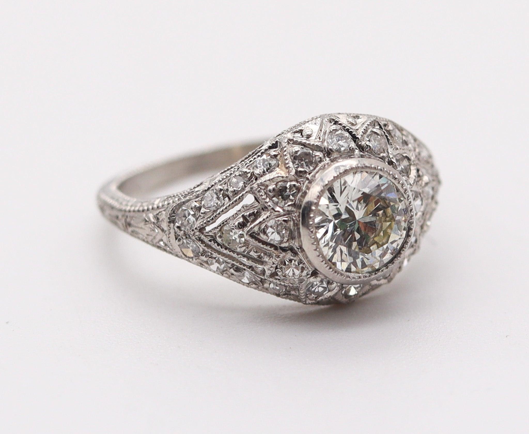 Taille brillant LAMBERT BROTHERS 1925, bague Art déco en platine avec diamants de taille européenne en vente