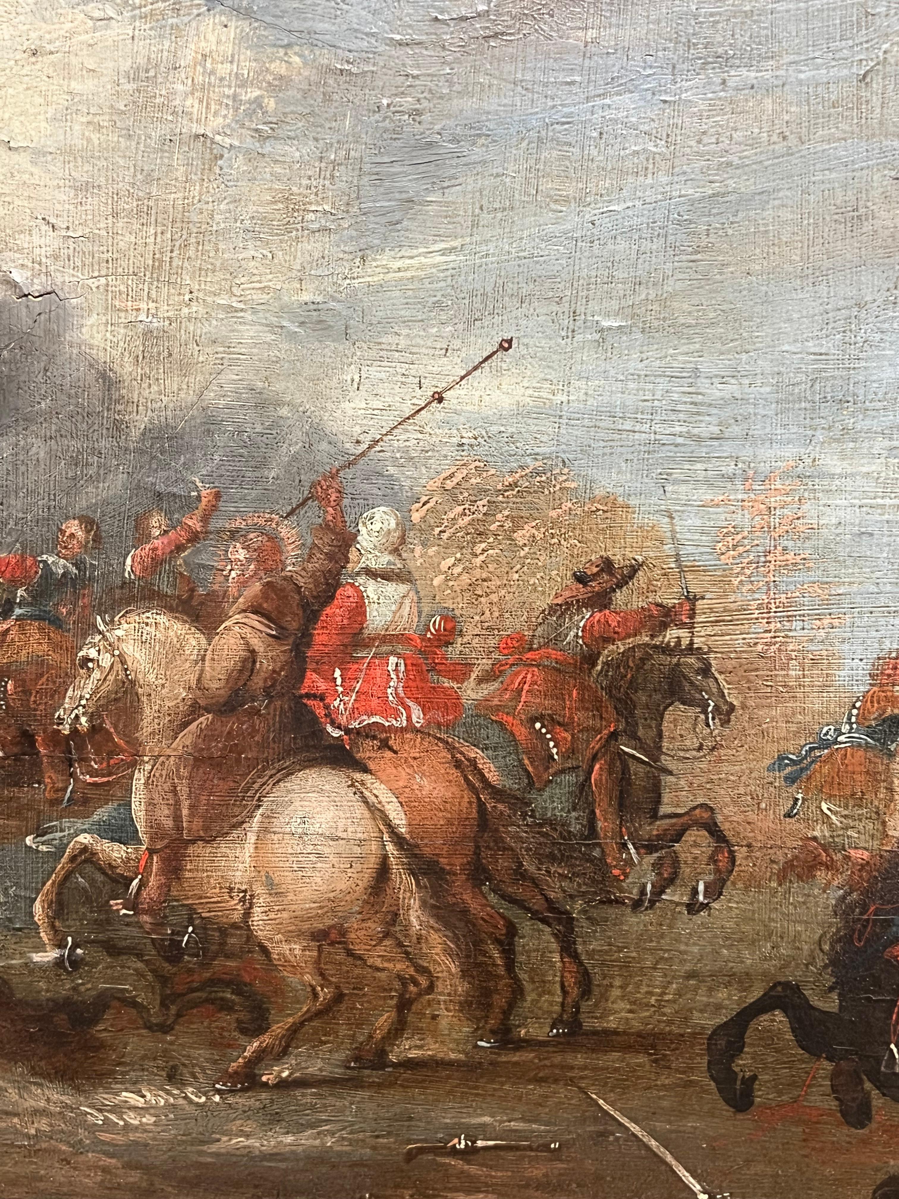 Olio antico fiammingo del 17° secolo su pannello Cavalry Skirmish Soldiers & Horses (Soldati e cavalli) in vendita 6