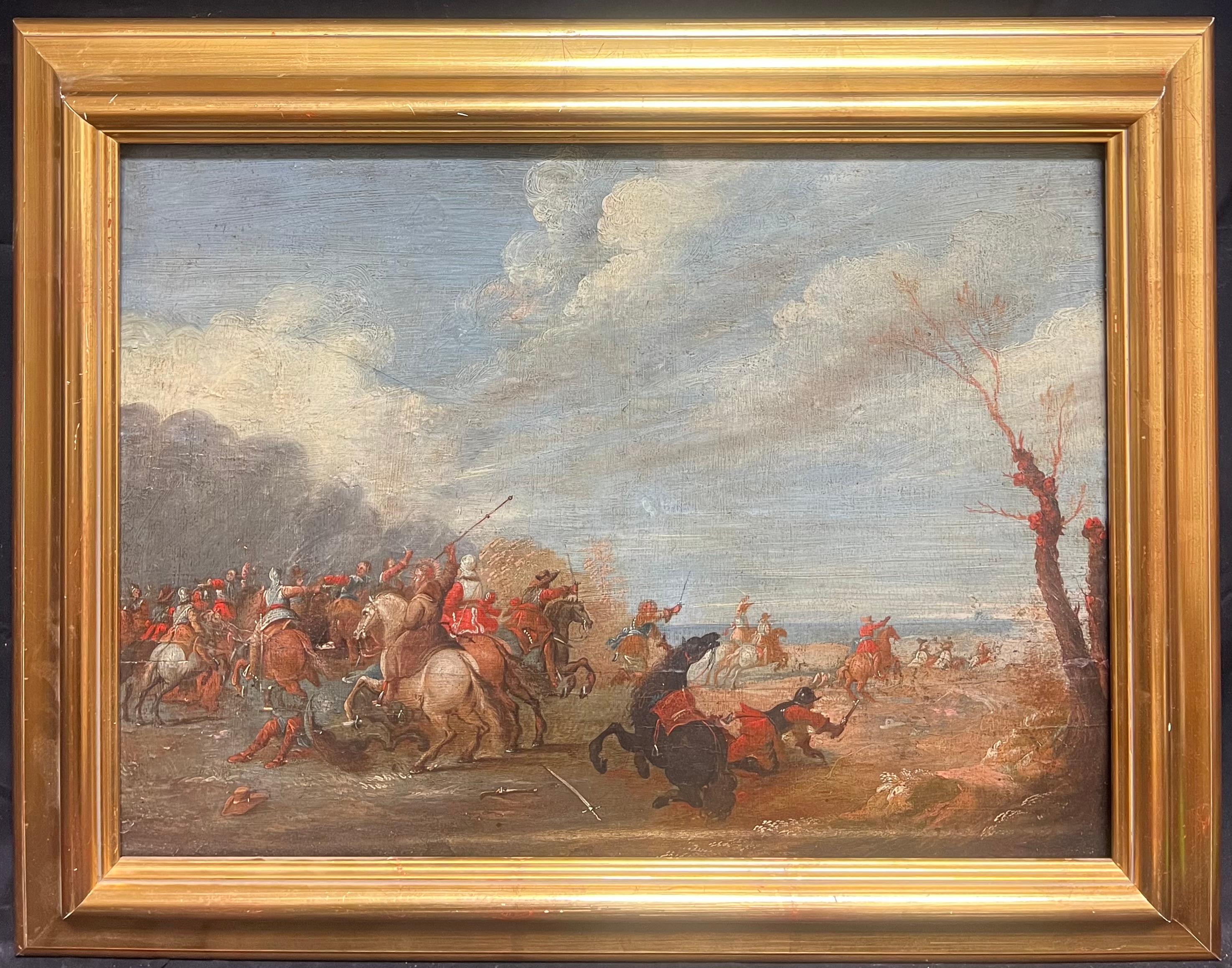 Olio antico fiammingo del 17° secolo su pannello Cavalry Skirmish Soldiers & Horses (Soldati e cavalli) - Painting Antichi maestri di Lambert de Hondt