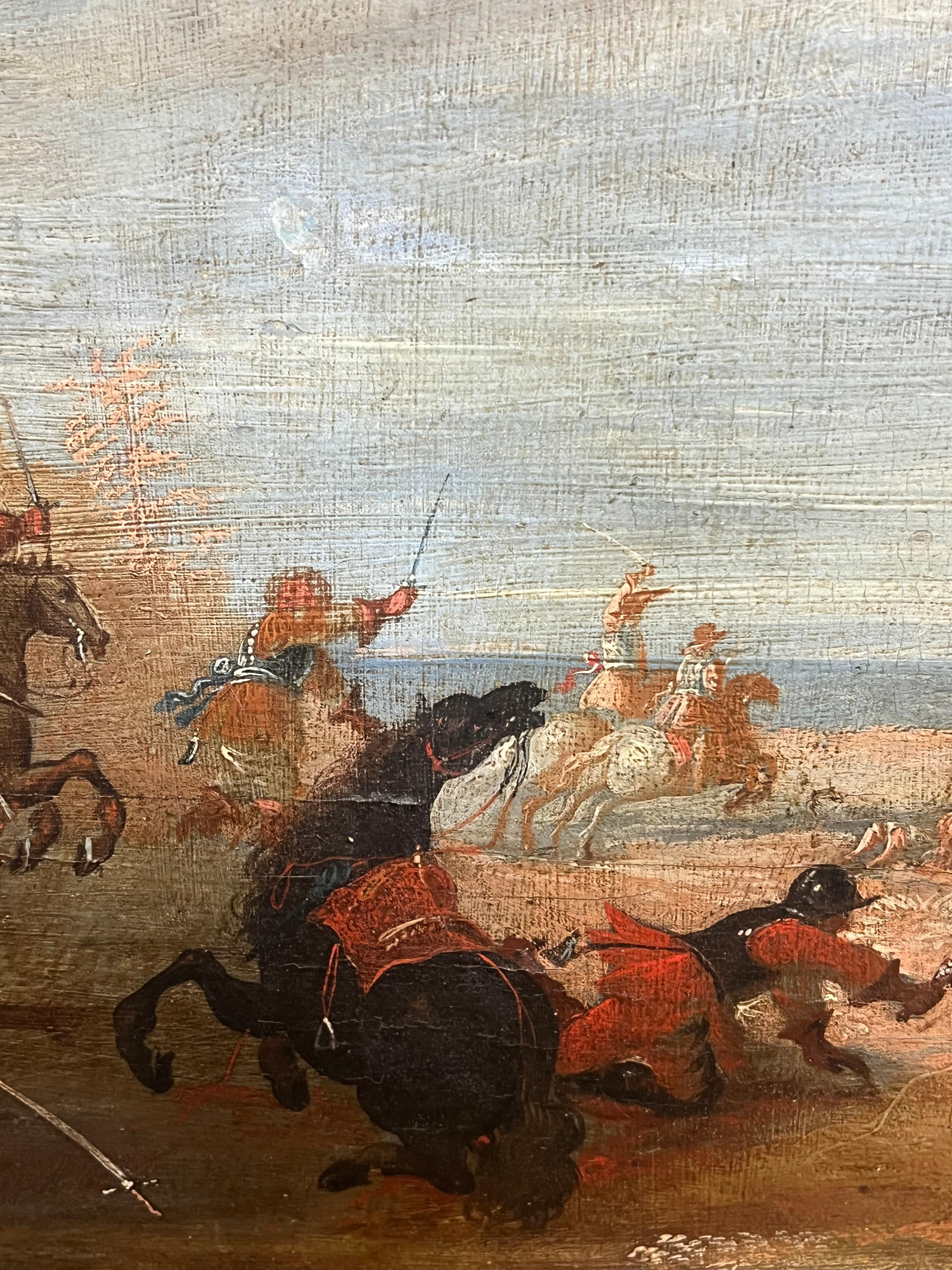 Olio antico fiammingo del 17° secolo su pannello Cavalry Skirmish Soldiers & Horses (Soldati e cavalli) - Figurative Painting Marrone di Lambert de Hondt