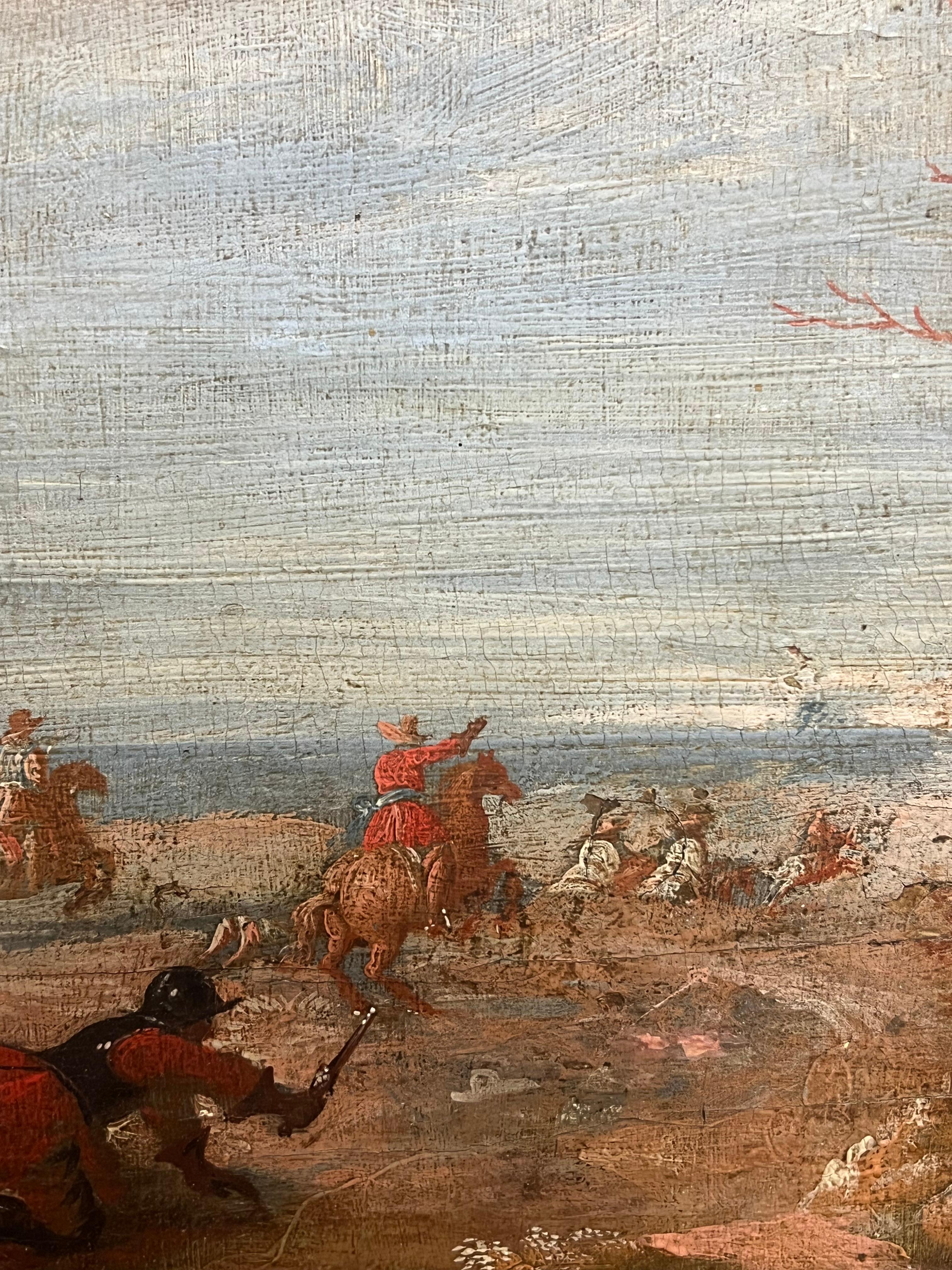 La schermaglia della cavalleria
Flemish School, metà del XVII secolo
Cerchio di Lambert de Hondt (fiammingo, 1620-1665)
olio su pannello, incorniciato
Incorniciato: 21 x 27 pollici
Tavola: 16 x 22 pollici
Provenienza: collezione privata,