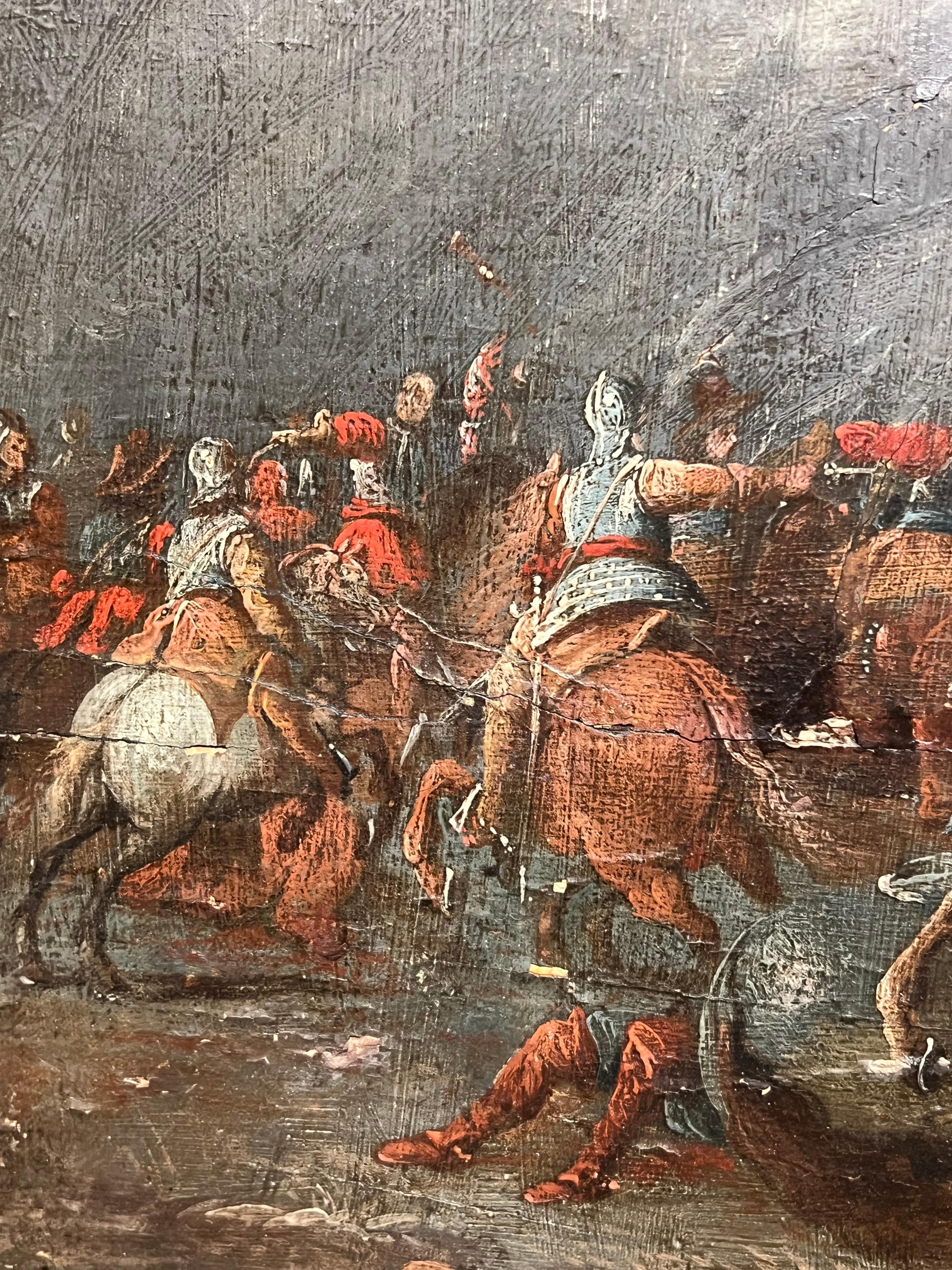 Olio antico fiammingo del 17° secolo su pannello Cavalry Skirmish Soldiers & Horses (Soldati e cavalli) in vendita 3