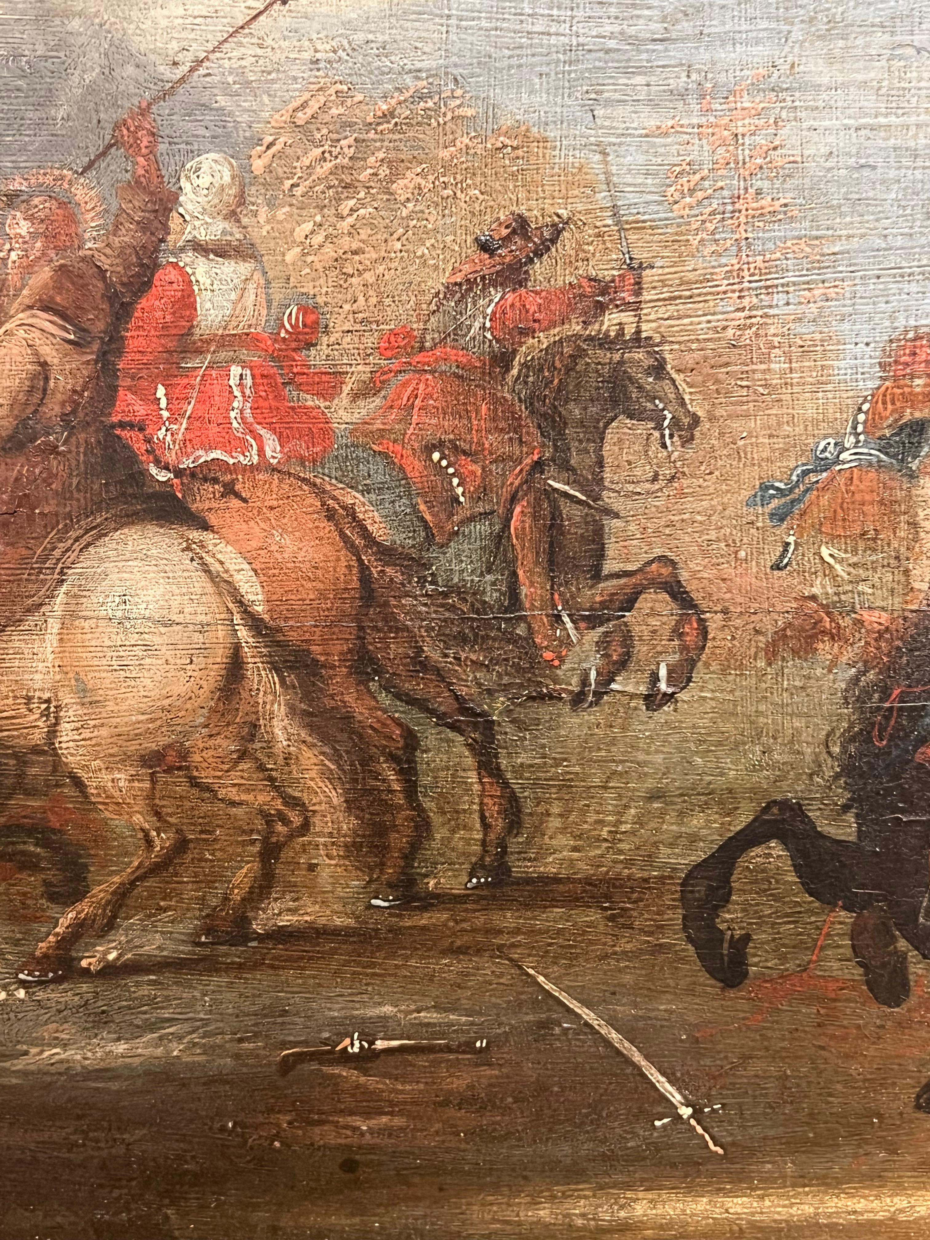 Olio antico fiammingo del 17° secolo su pannello Cavalry Skirmish Soldiers & Horses (Soldati e cavalli) in vendita 4