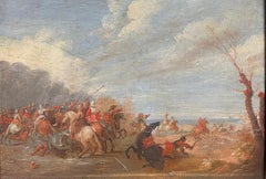 Óleo sobre tabla de Viejo Maestro Flamenco del Siglo XVII Escaramuza de Caballería Soldados y Caballos