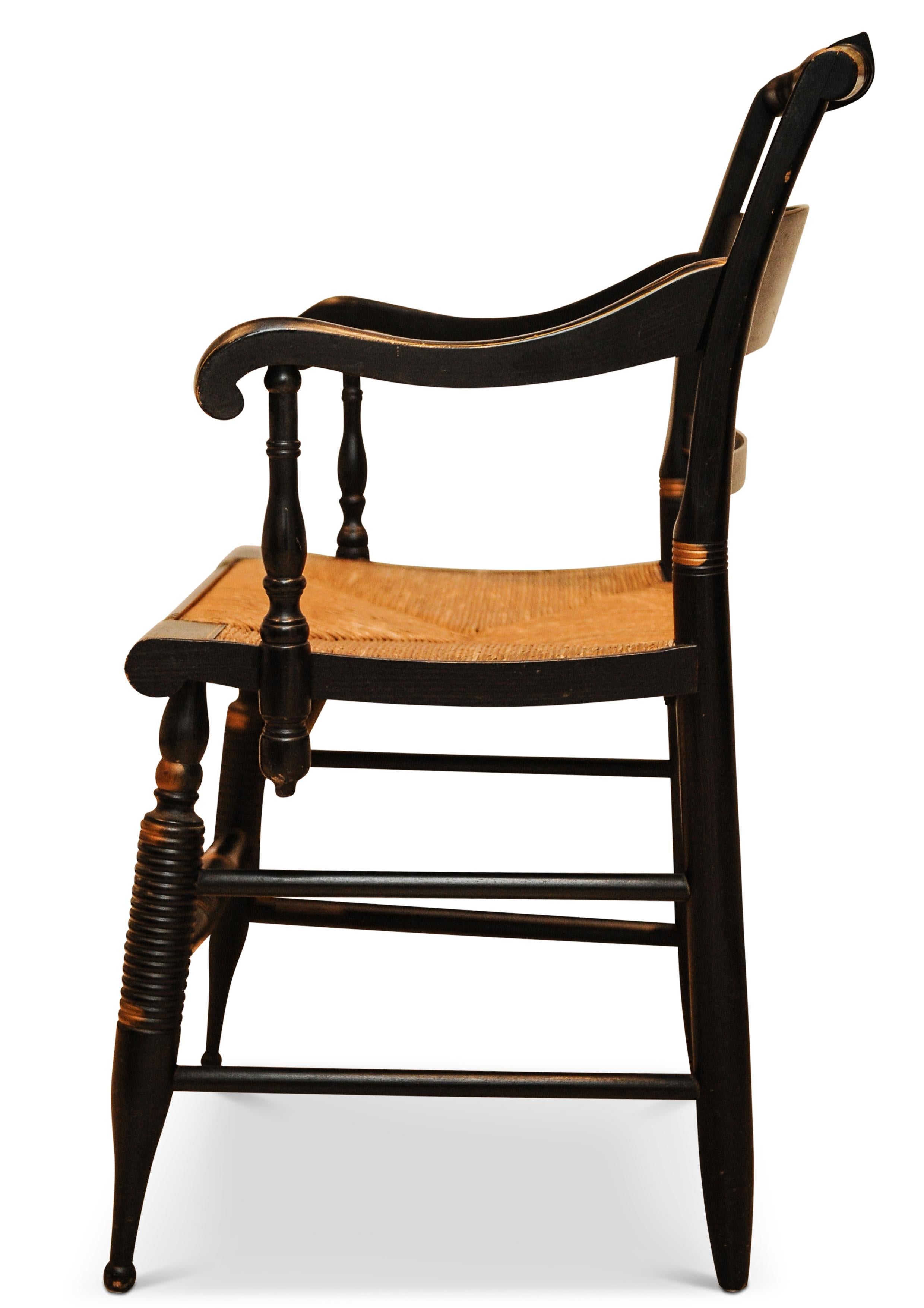 American Classical Antique American Maple Gilt & Ebonised Frame & Rush Seat Chair For Sale