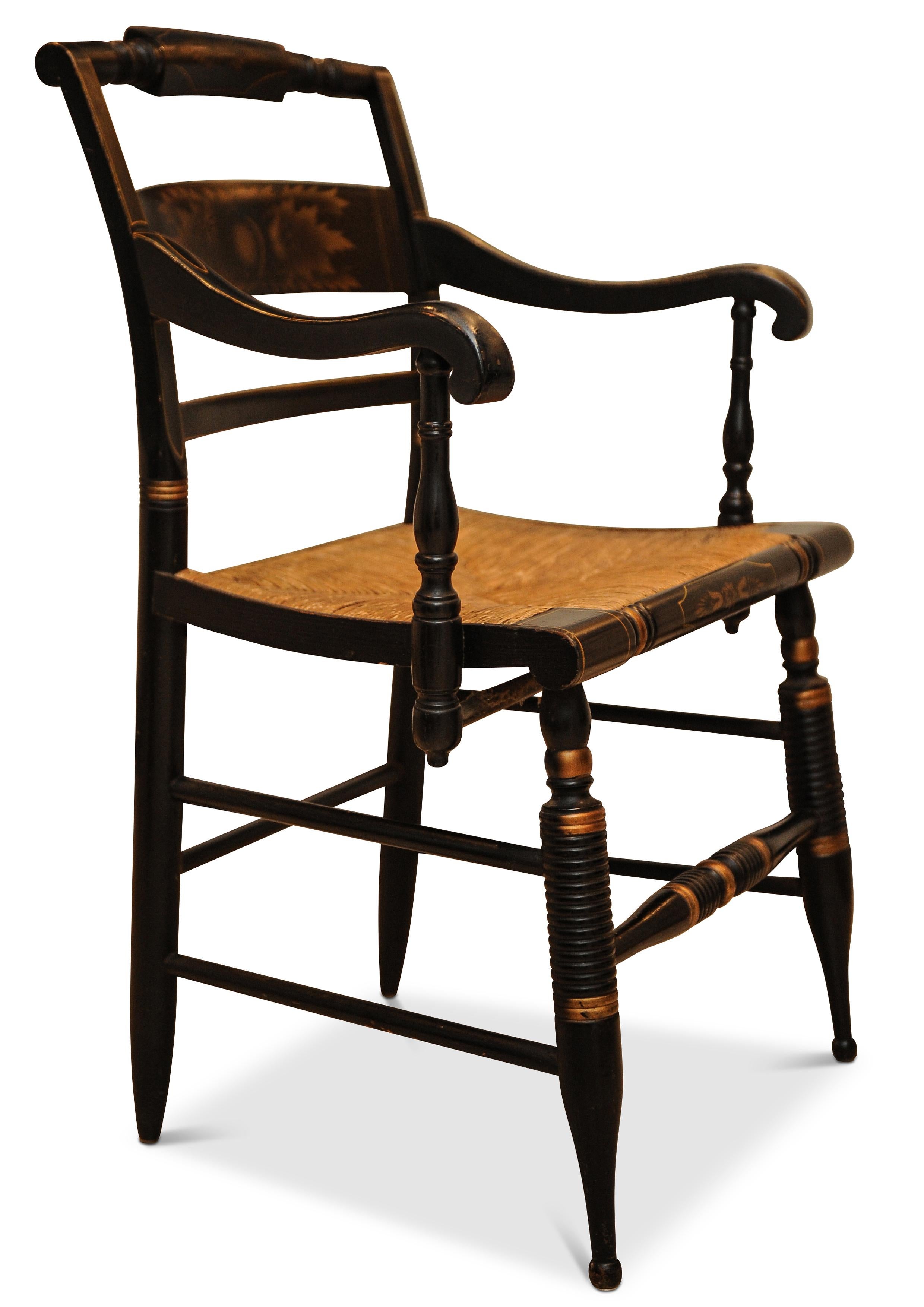 19th Century Antique American Maple Gilt & Ebonised Frame & Rush Seat Chair For Sale