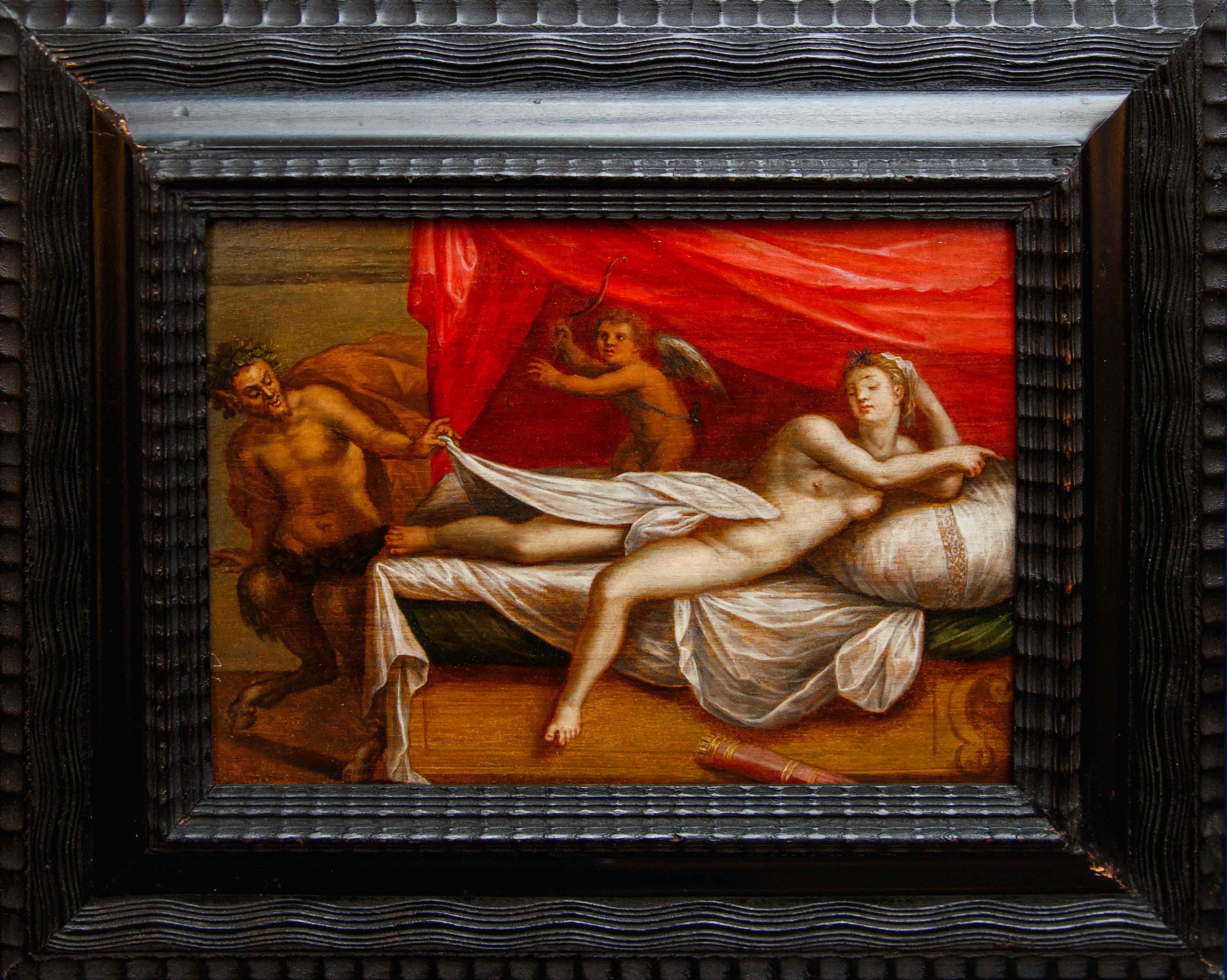 Werkstatt Lambert Sustris (1515-1520 - um 1584)

Venus und Liebe von einem Satyr ausspioniert

Öl auf Platte, 24 x 32 cm

Gerahmt, 41 x 49 cm

Die hier beschriebene Tafel, die der Werkstatt von Lambert Sustris zugeschrieben werden kann, stellt ein