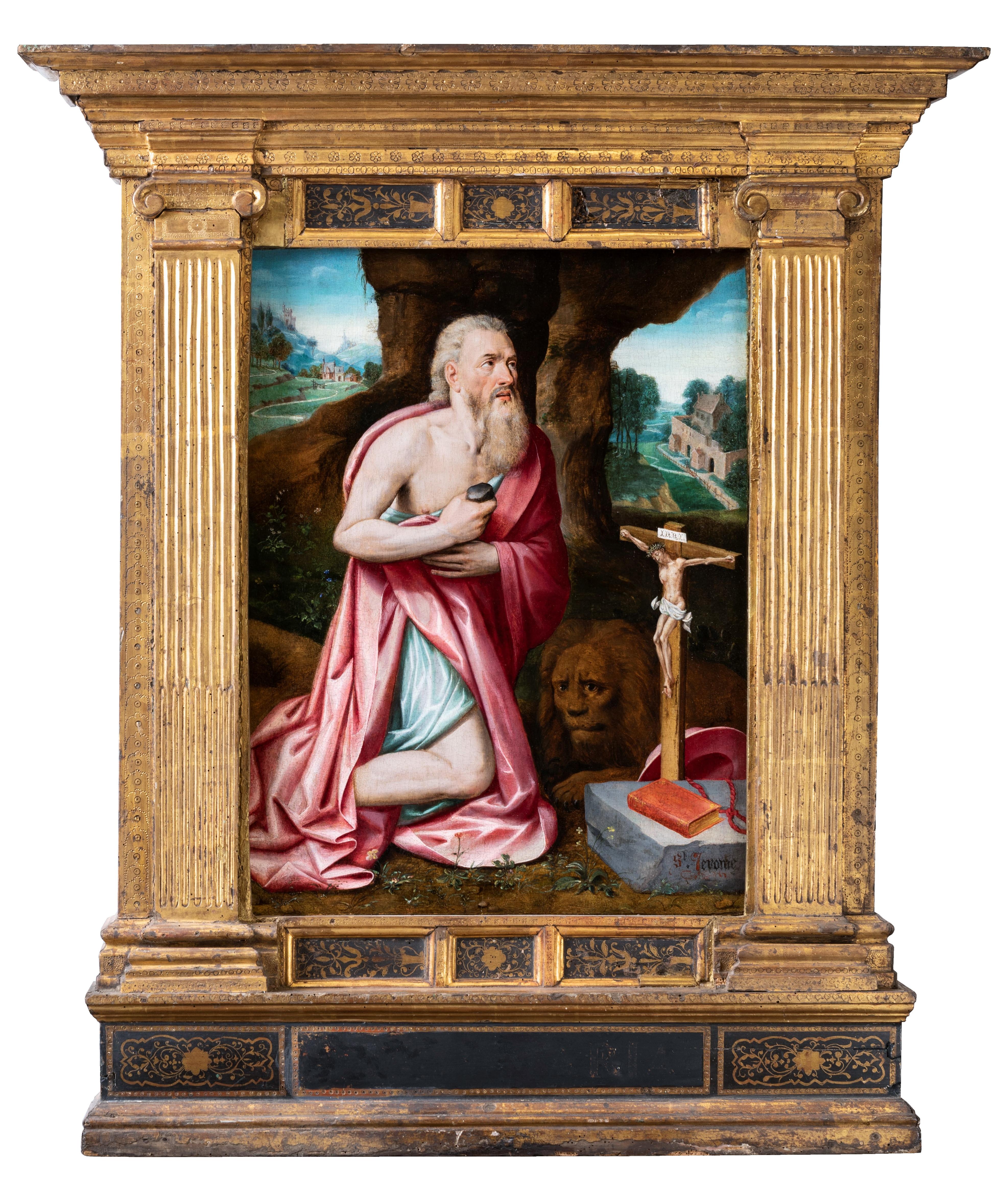 Saint Jerome in the desert
Cercle of Lambert Van Noort (1520-1571, Antwerp)
Antwerp School, mid-16th century
Oil on oak panel.
Dimensions: panel h. 69 cm (27.16 in), l. 52.5 cm (20.67 in)
With frame: h. 113 cm, l. 98 cm (44.49x38.58 in)
Very