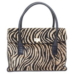 LAMBERTSON TRUEX 2004 zebra print calf hair black leather flap top handle bag