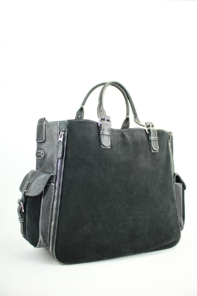 Lambertson Truex Expandable 2way Satchel 60misa13117 Black Suede Leather Tote In Good Condition For Sale In Dix hills, NY