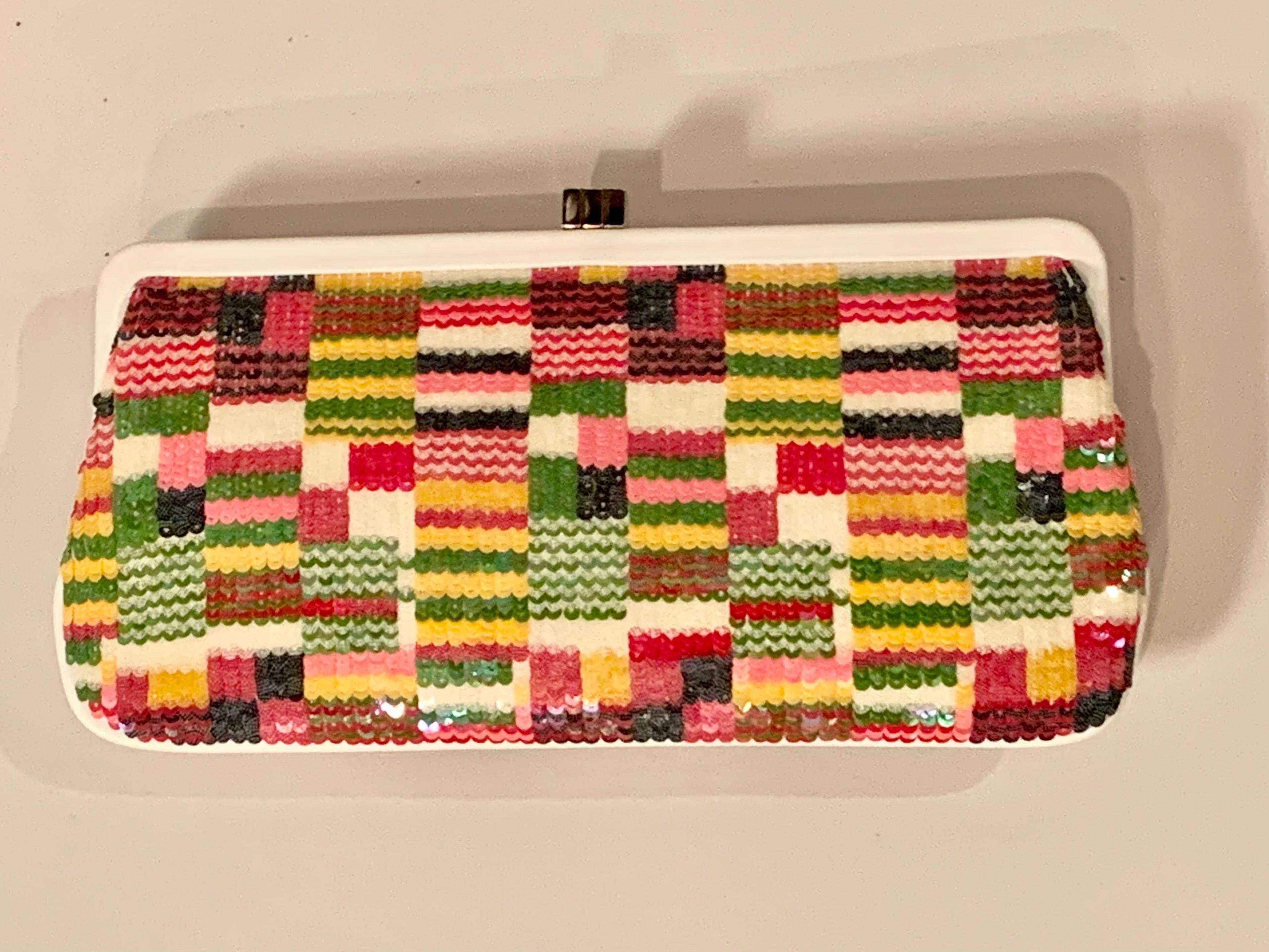 Lambertson Truex Leather and Multi Color Sequin Clutch Bag In Excellent Condition For Sale In New Hope, PA