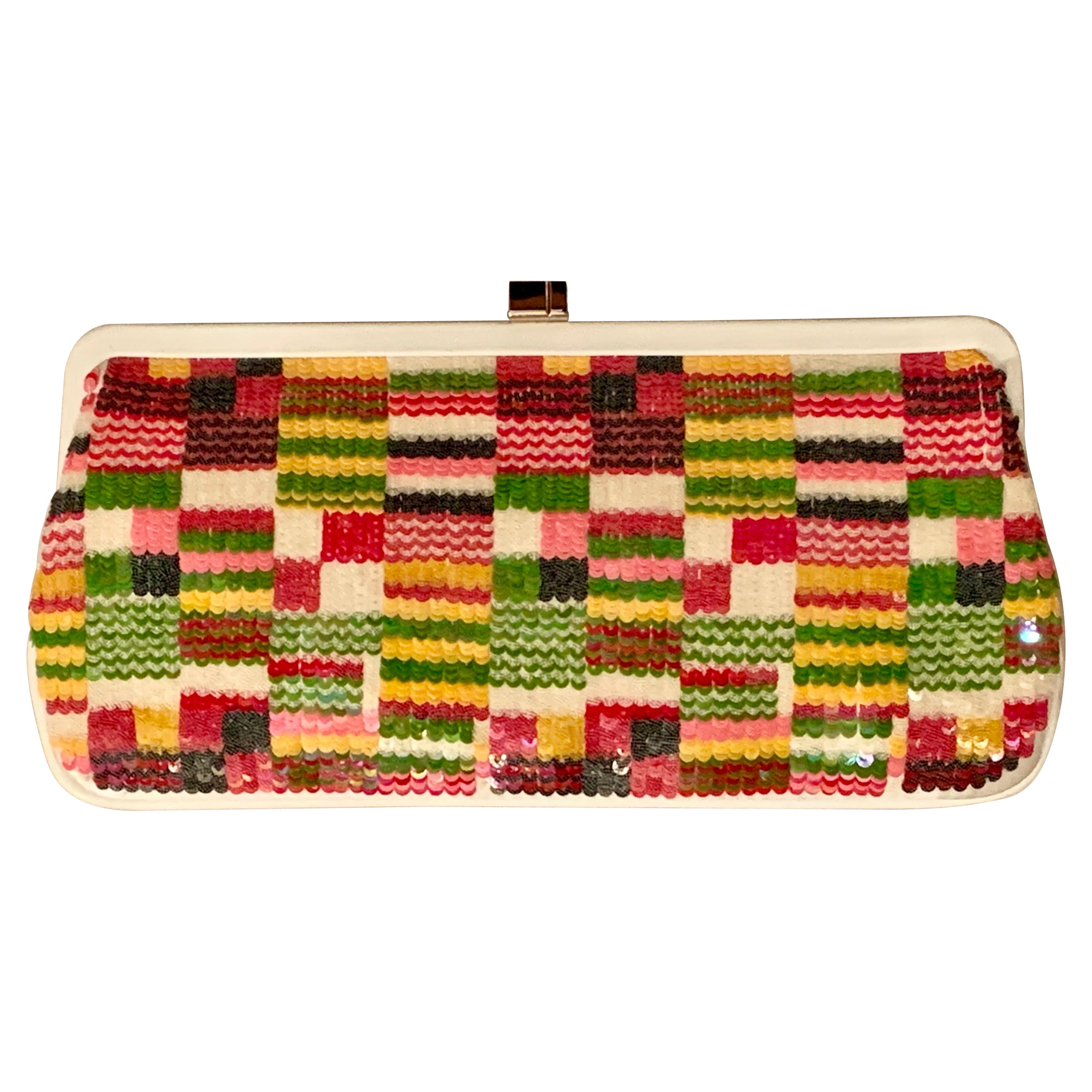 Lambertson Truex Leather and Multi Color Sequin Clutch Bag For Sale