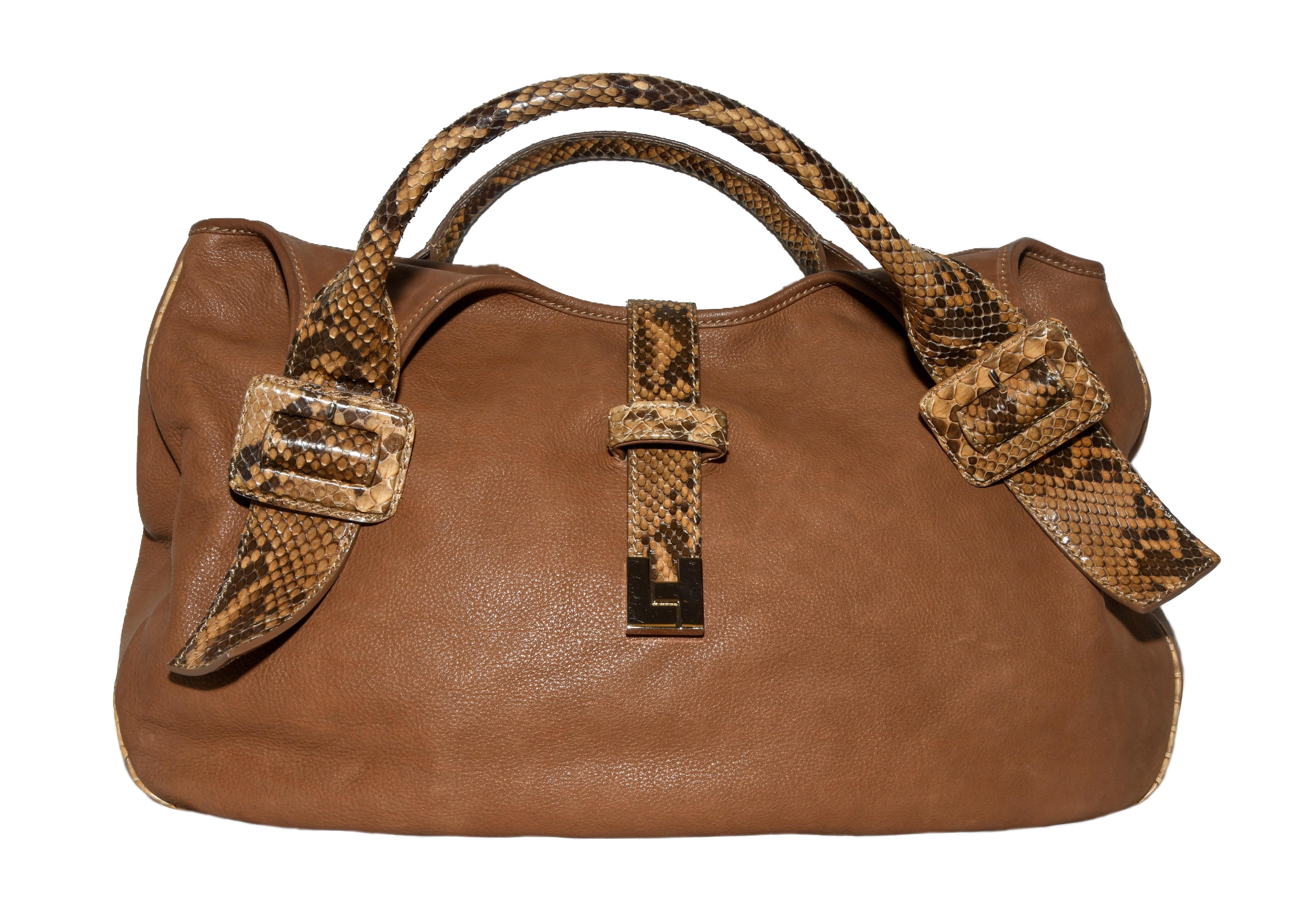 Lambertson Truex New Haven brown leather tote bag features genuine python trim.  With dual rolled handles and closure  strap with palladium LT logo.  Luxury at it's finest.  One large interior opening with azure blue Alacantra lined interior and one