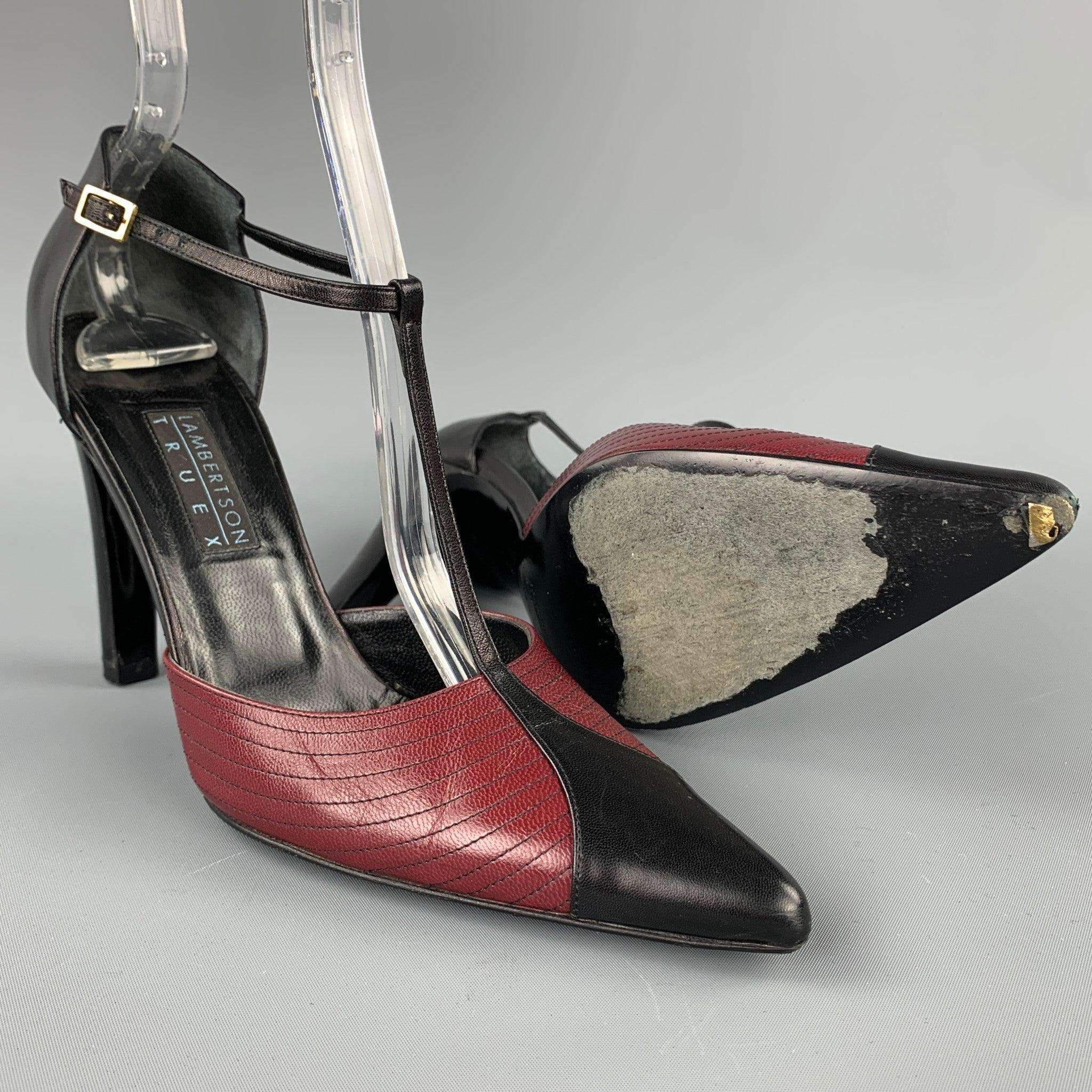 LAMBERTSON TRUEX Size 7 Black & Red Leather T-Strap Pumps In Good Condition For Sale In San Francisco, CA