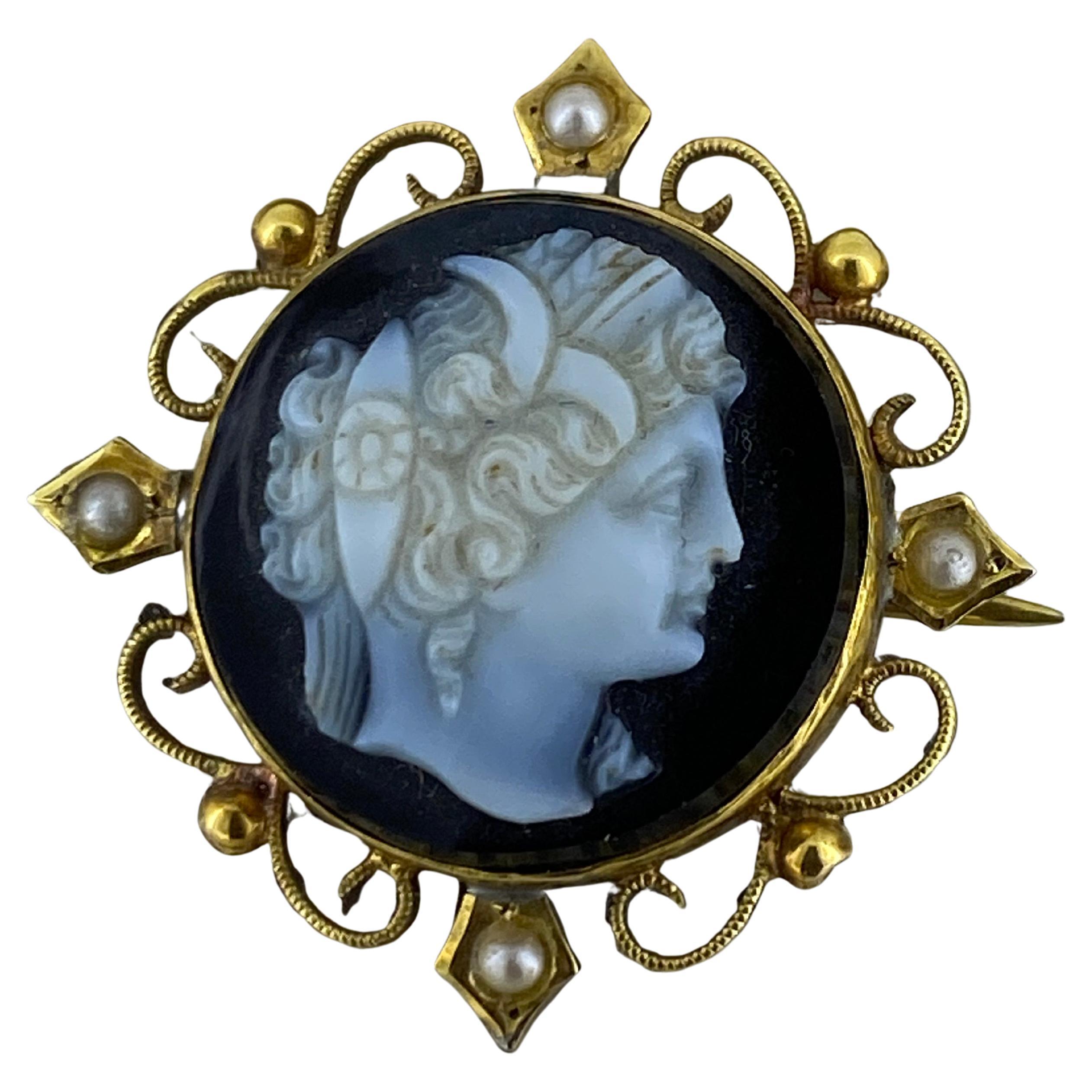 Lamborn & Wagner 15K Gold, Seed Pearl, Hardstone Cameo Australian Brooch, c1885