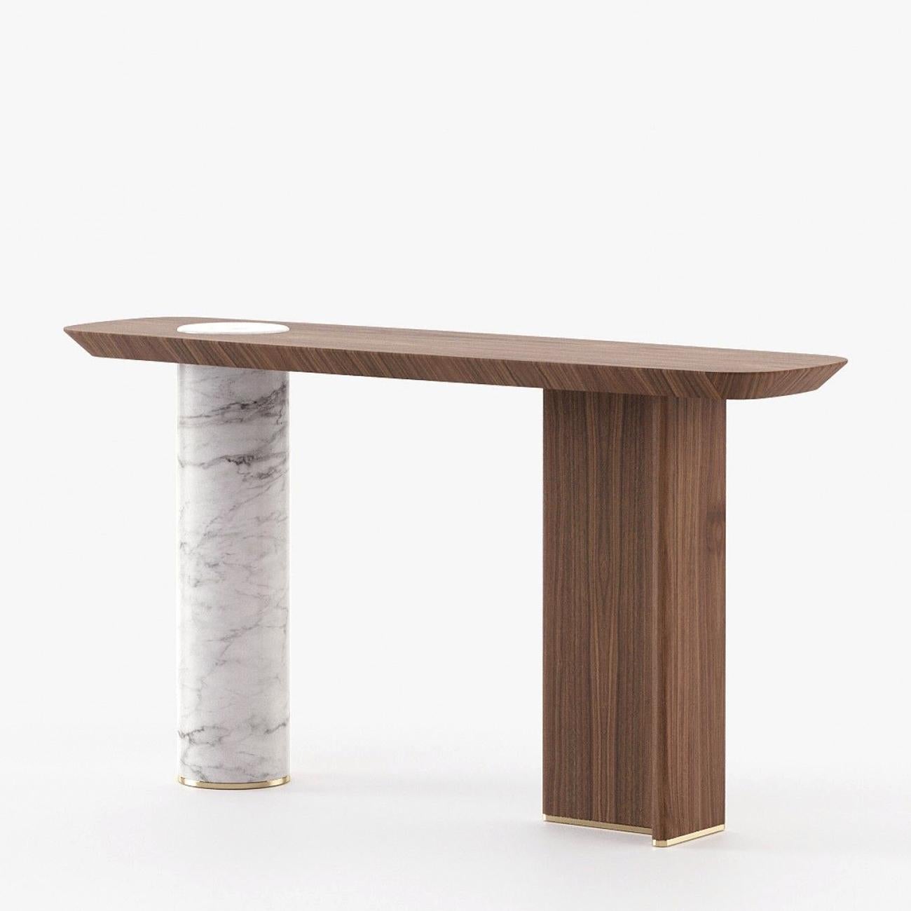 Console Table Lambra Marble with wooden top and feet
in walnut veneer in matte natural finish. With white carrara marble 
cylindric base. Console with polished stainless steel end feet 
in gold finish. 
Also available on request in grey oak matte,