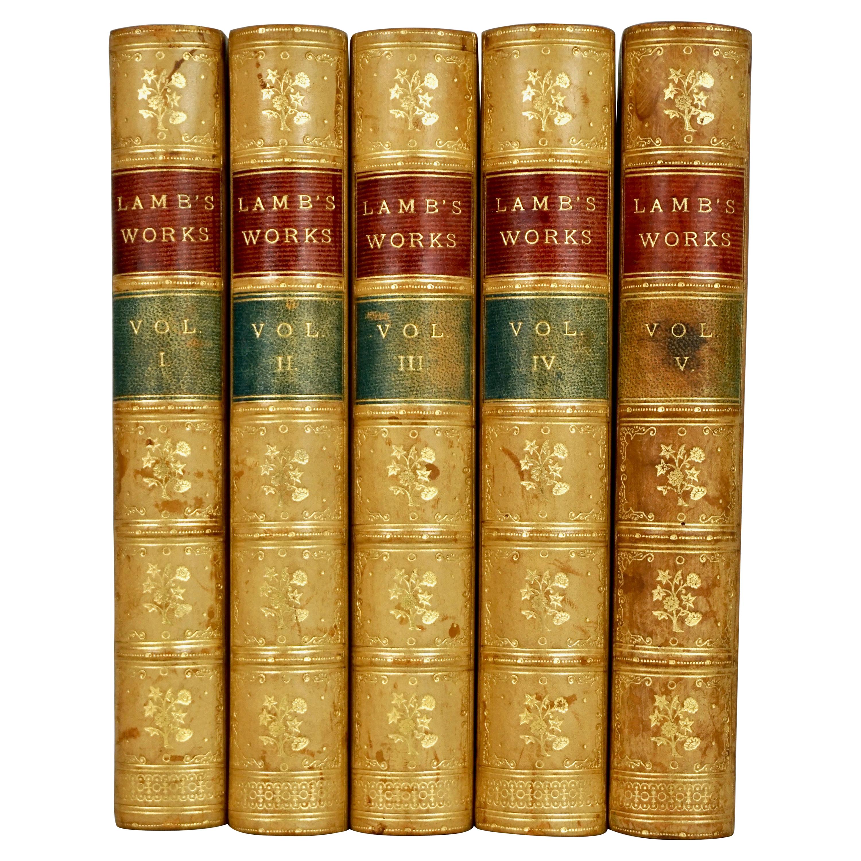 Lambs Works 5 Leather Bound Volumes with Marbleized Endpapers and Marbled Pages