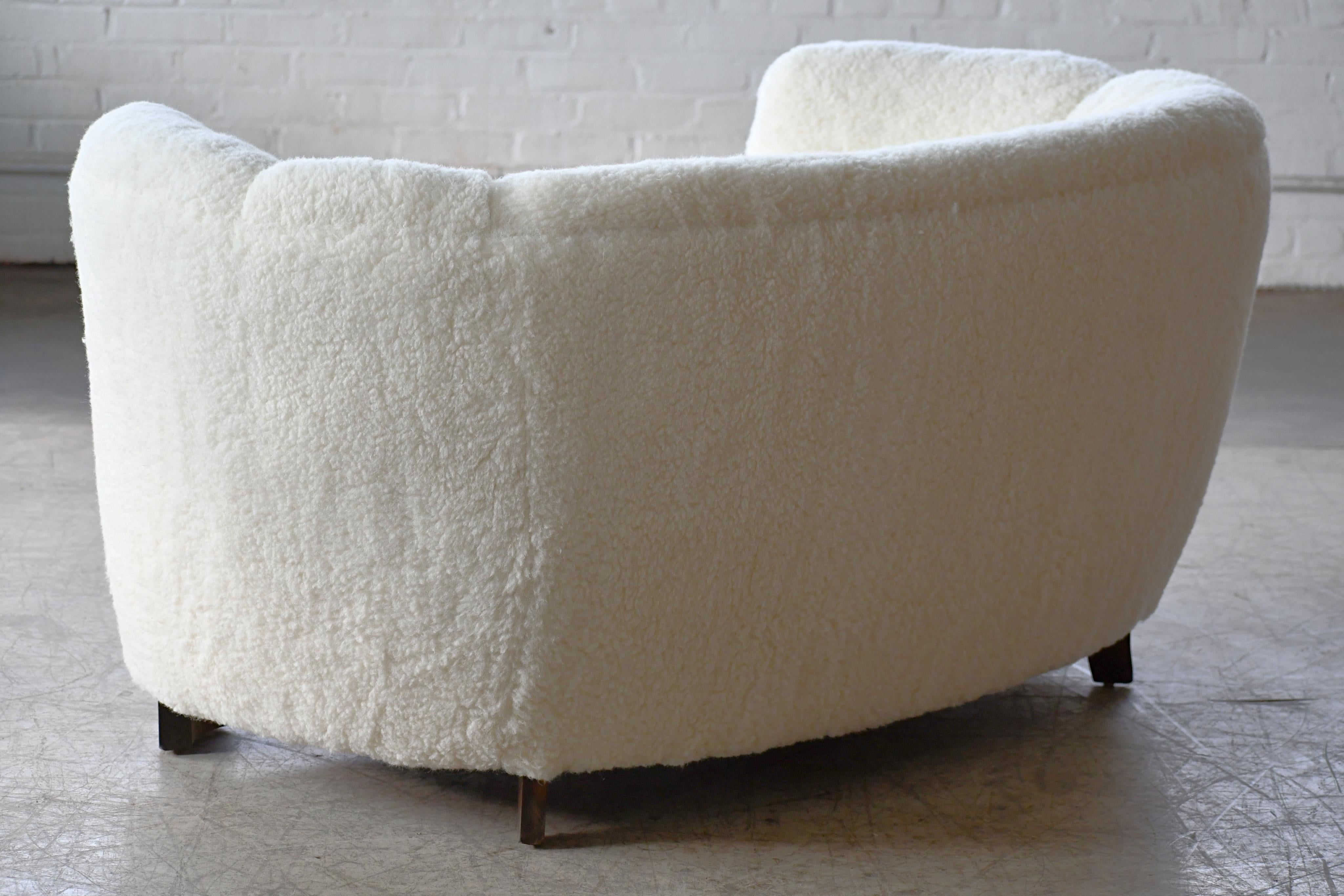 Mid-Century Modern Lambswool Covered Banana Shaped Curved Loveseat, Denmark, 1940s