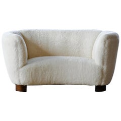 Lambswool Covered Banana Shaped Curved Loveseat, Denmark, 1940s