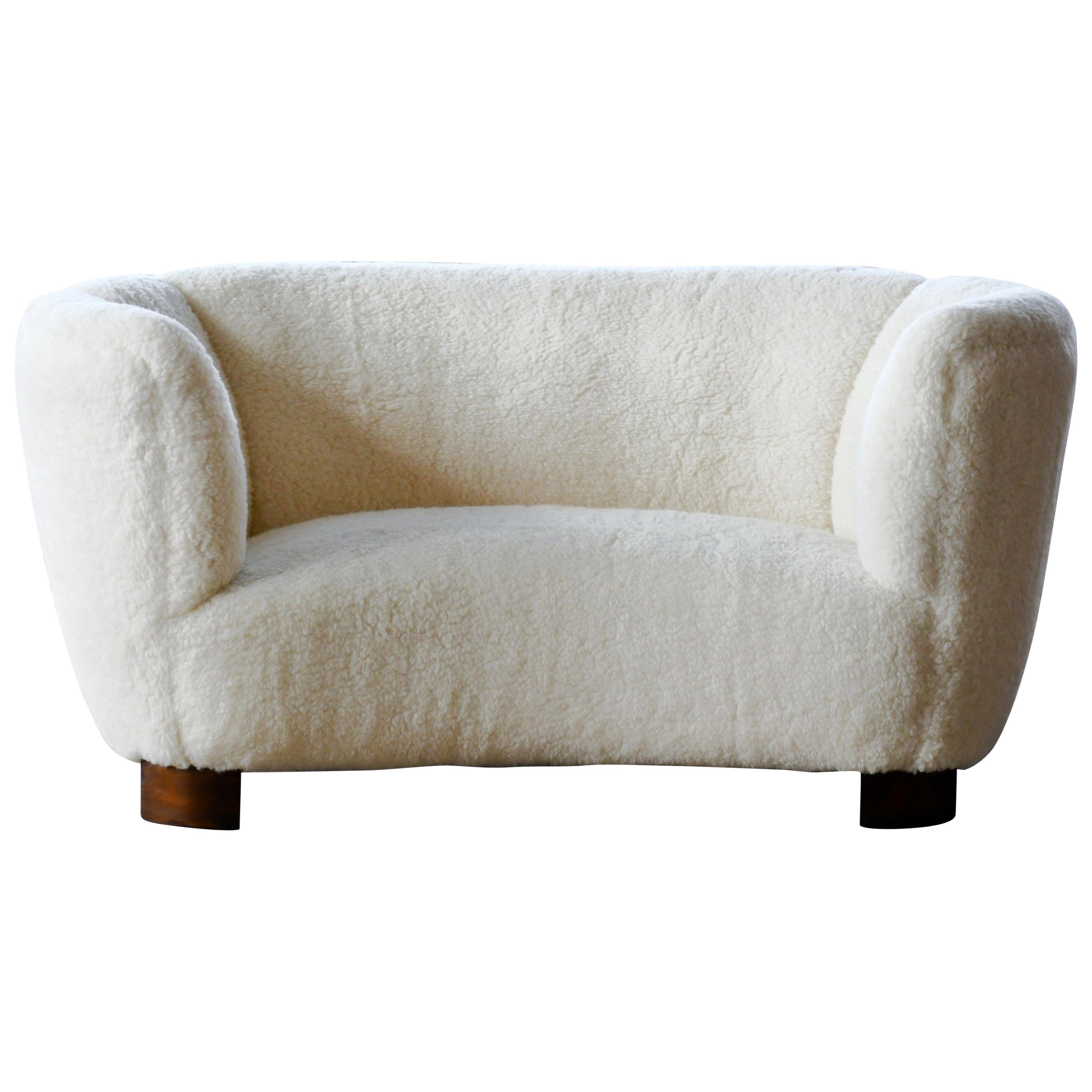 Lambswool Covered Banana Shaped Curved Loveseat, Denmark, 1940s