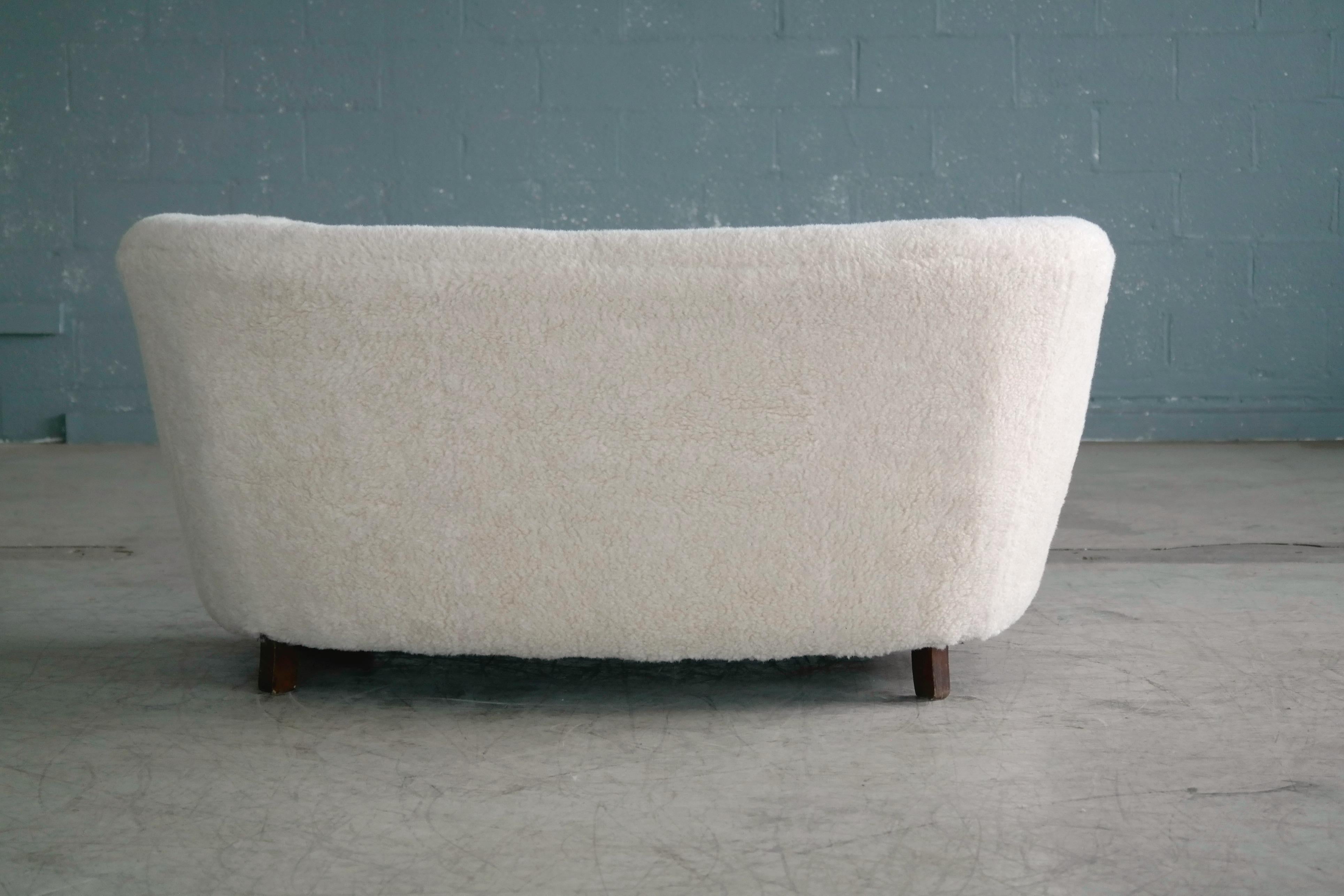 Lambswool Covered Curved Loveseat or Sofa by Slagelse, Denmark, 1940s 2