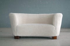 Lambswool Covered Curved Loveseat or Sofa by Slagelse, Denmark, 1940s