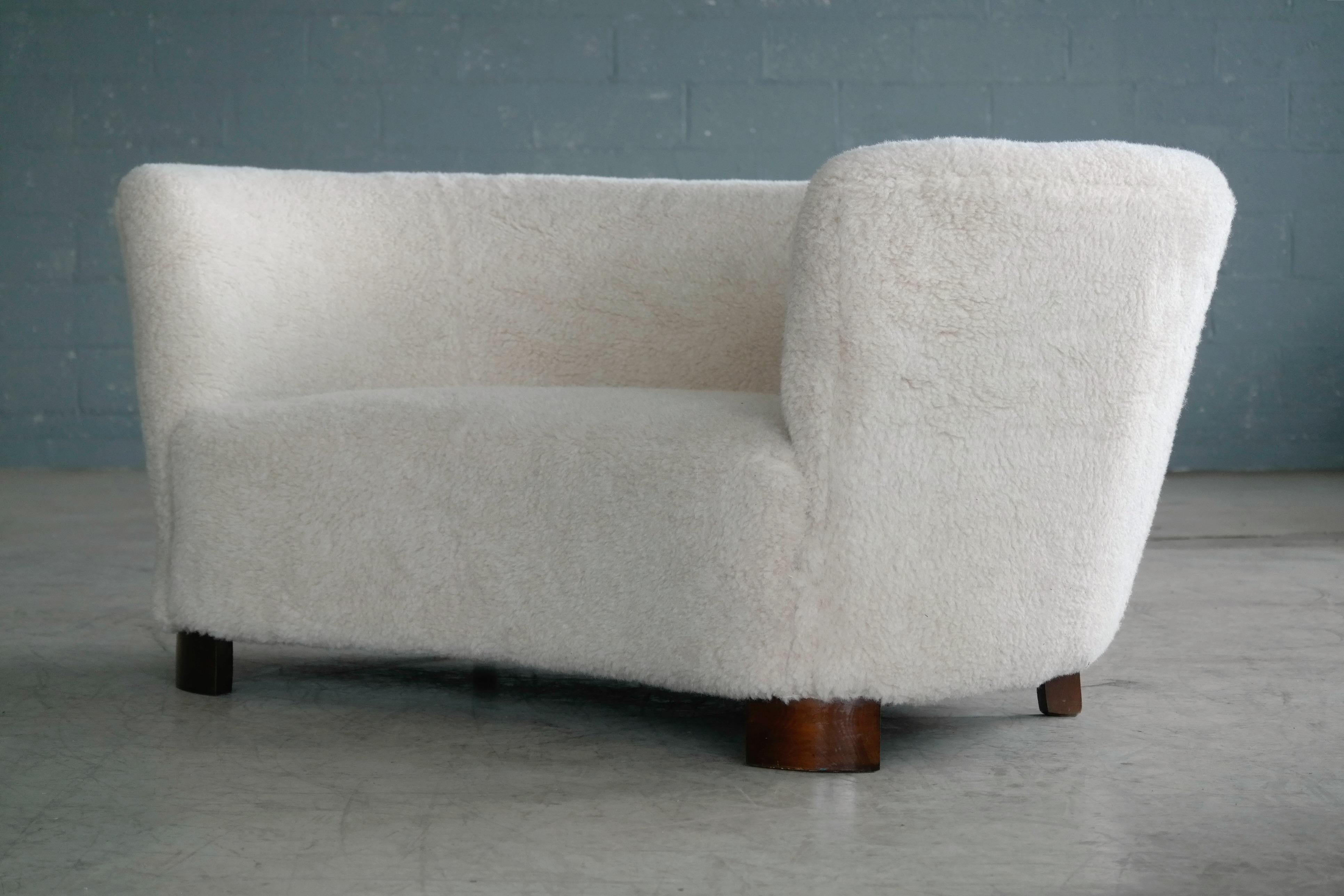 Mid-20th Century Lambswool Covered Curved Loveseat or Sofa by Slagelse, Denmark, 1940s