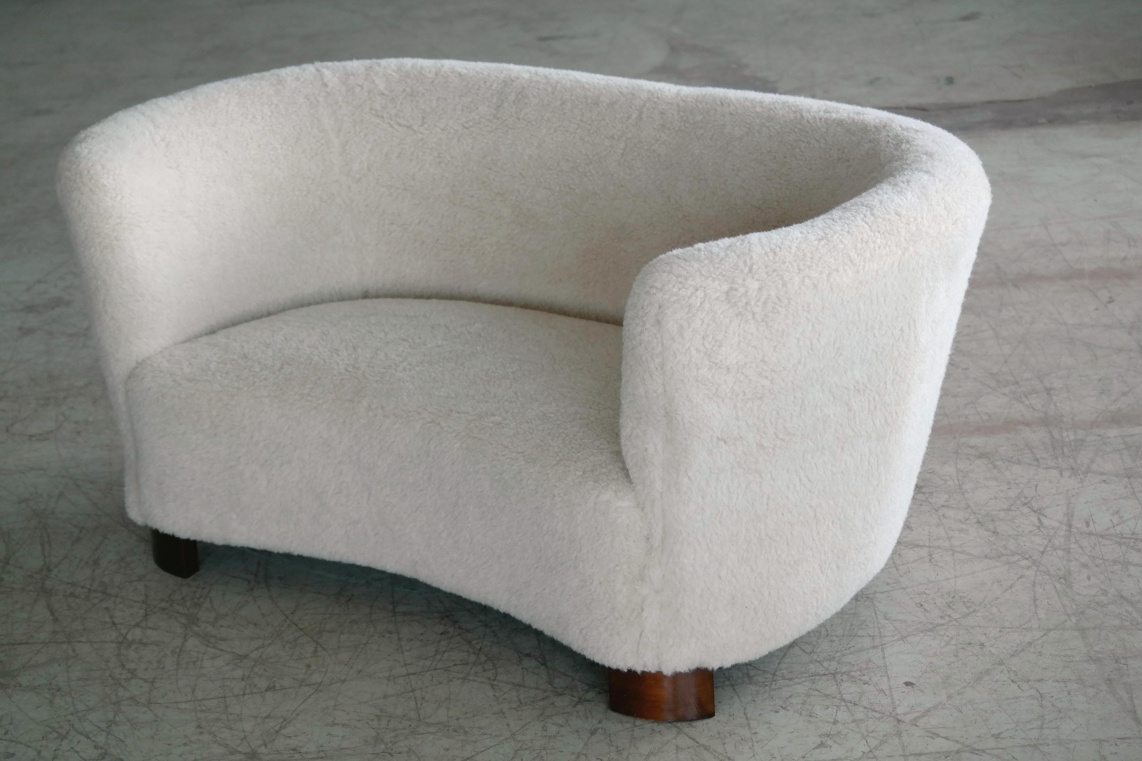 Wool Lambswool Covered Curved Loveseat or Sofa by Slagelse, Denmark, 1940s