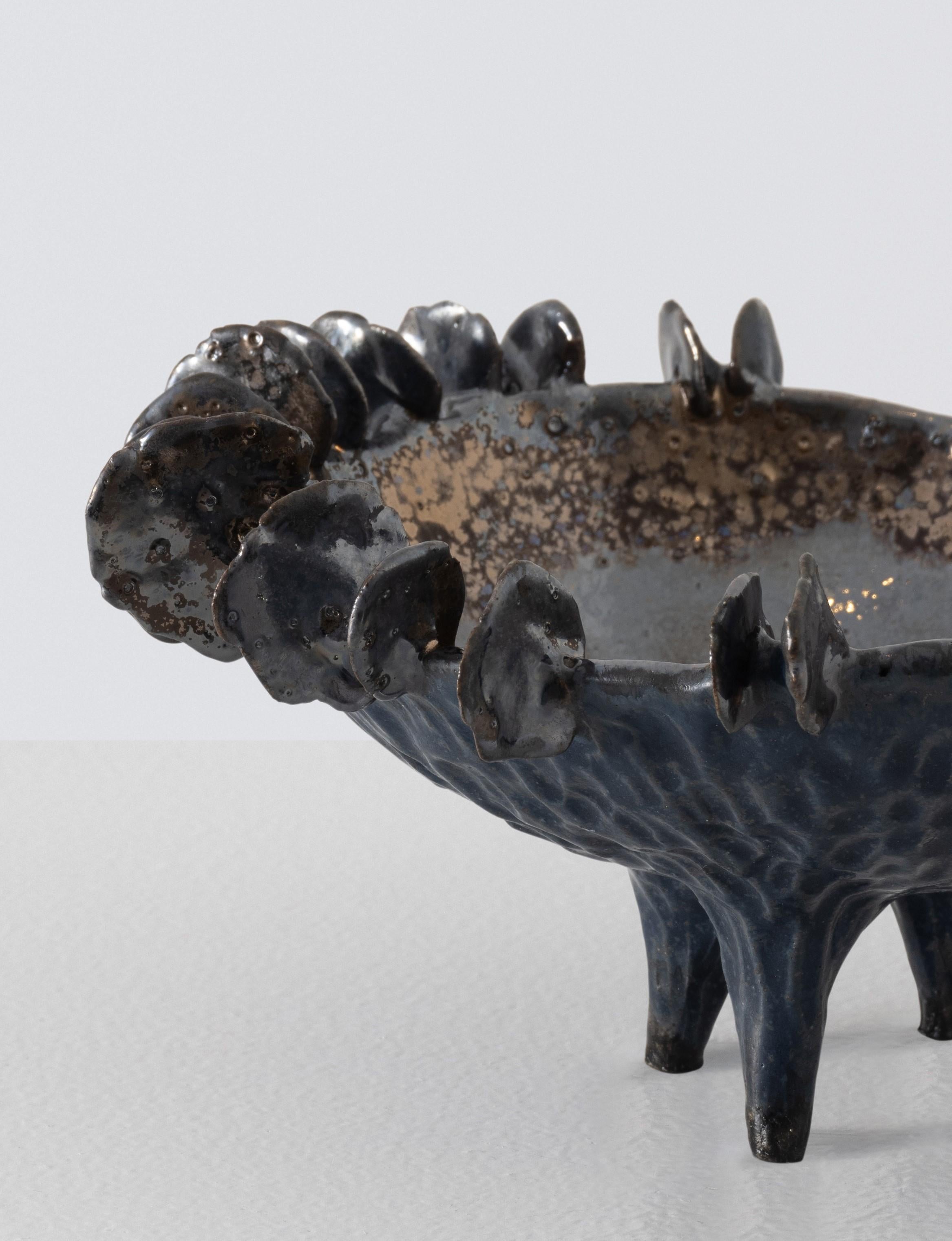 American Lamella Bowl in Black and Metallic Glazed Ceramic by Trish DeMasi For Sale