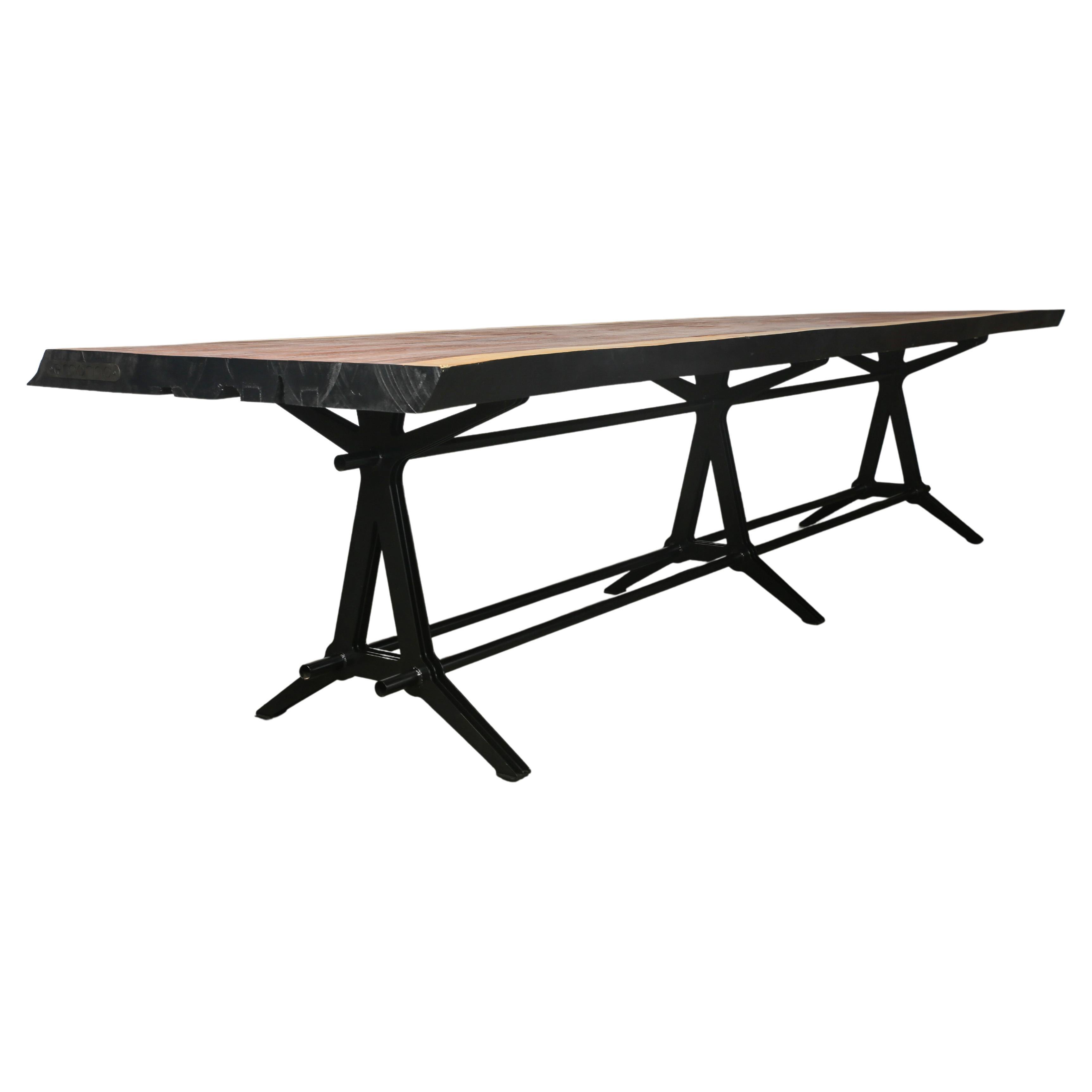 Lamellae Table with wooden top and black steel base by Manna Design Studio For Sale
