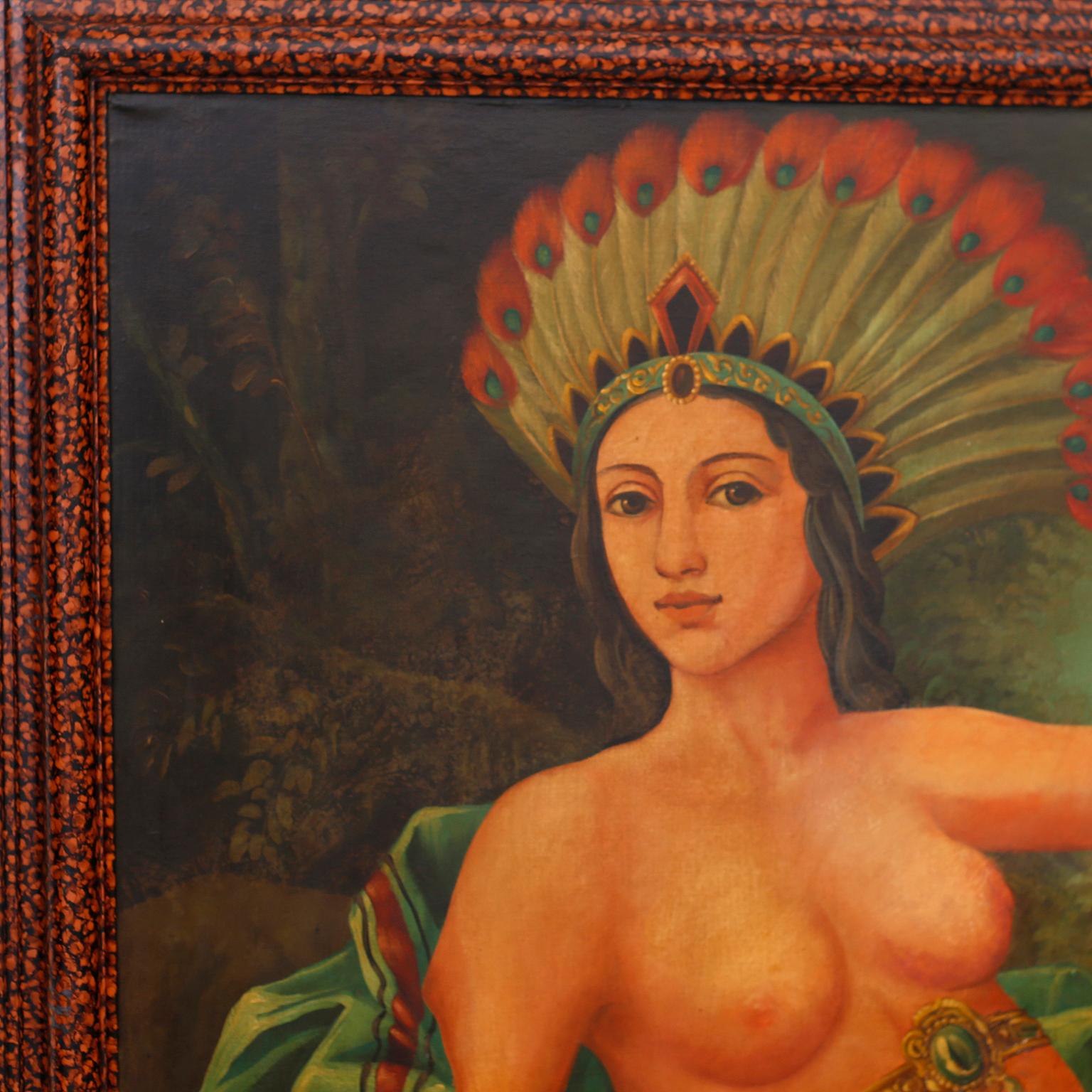 Bold and beautiful oil painting on board depicting an indigenous American in a woodland setting with head dress and weapons, painted in a Victorian parlor style with contrived aging. Presented in the original faux tortoise wood frame, titled
