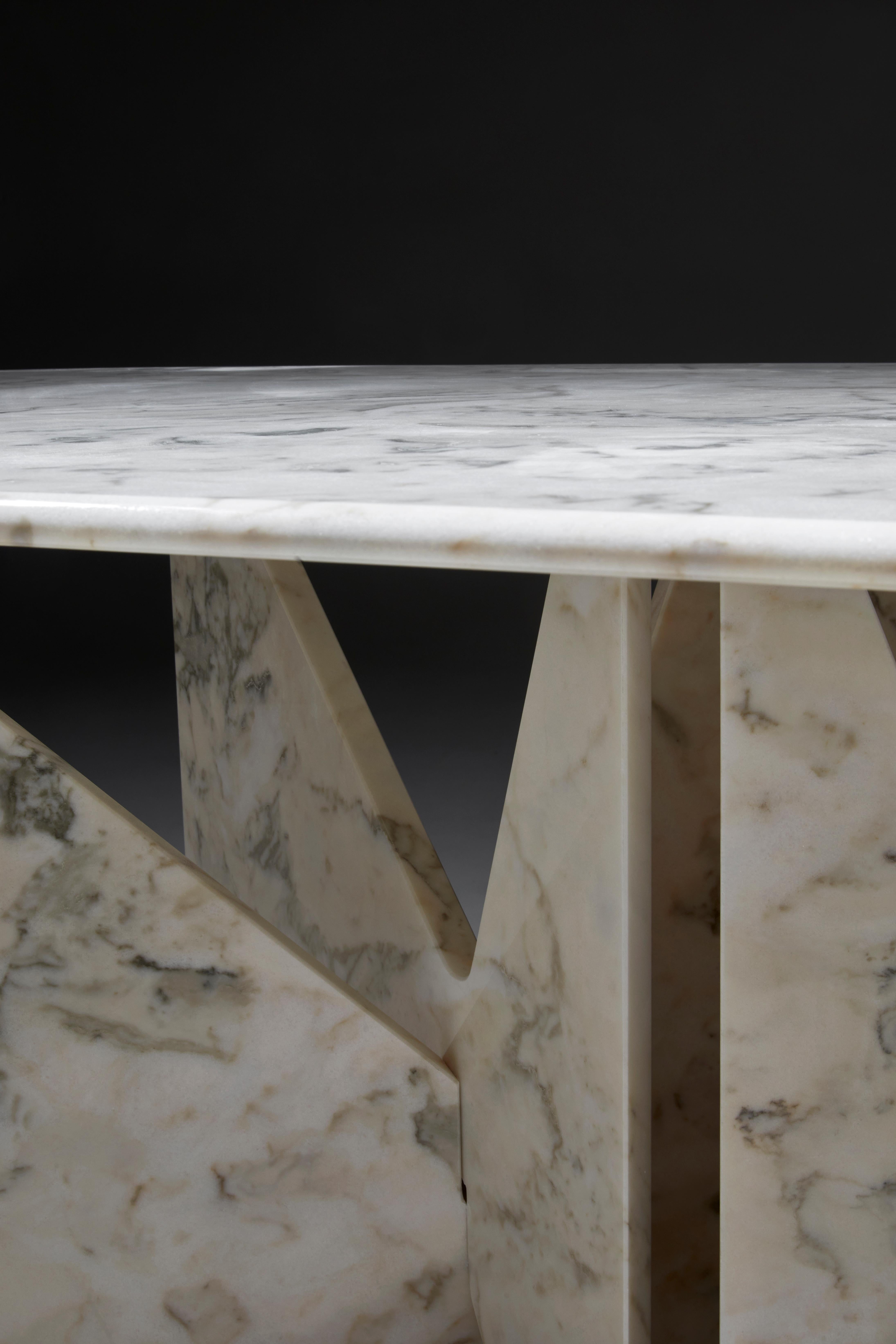 Lamina Dinner Table, Veined Estremoz Marble by Hannes Peer for La Chance For Sale 1