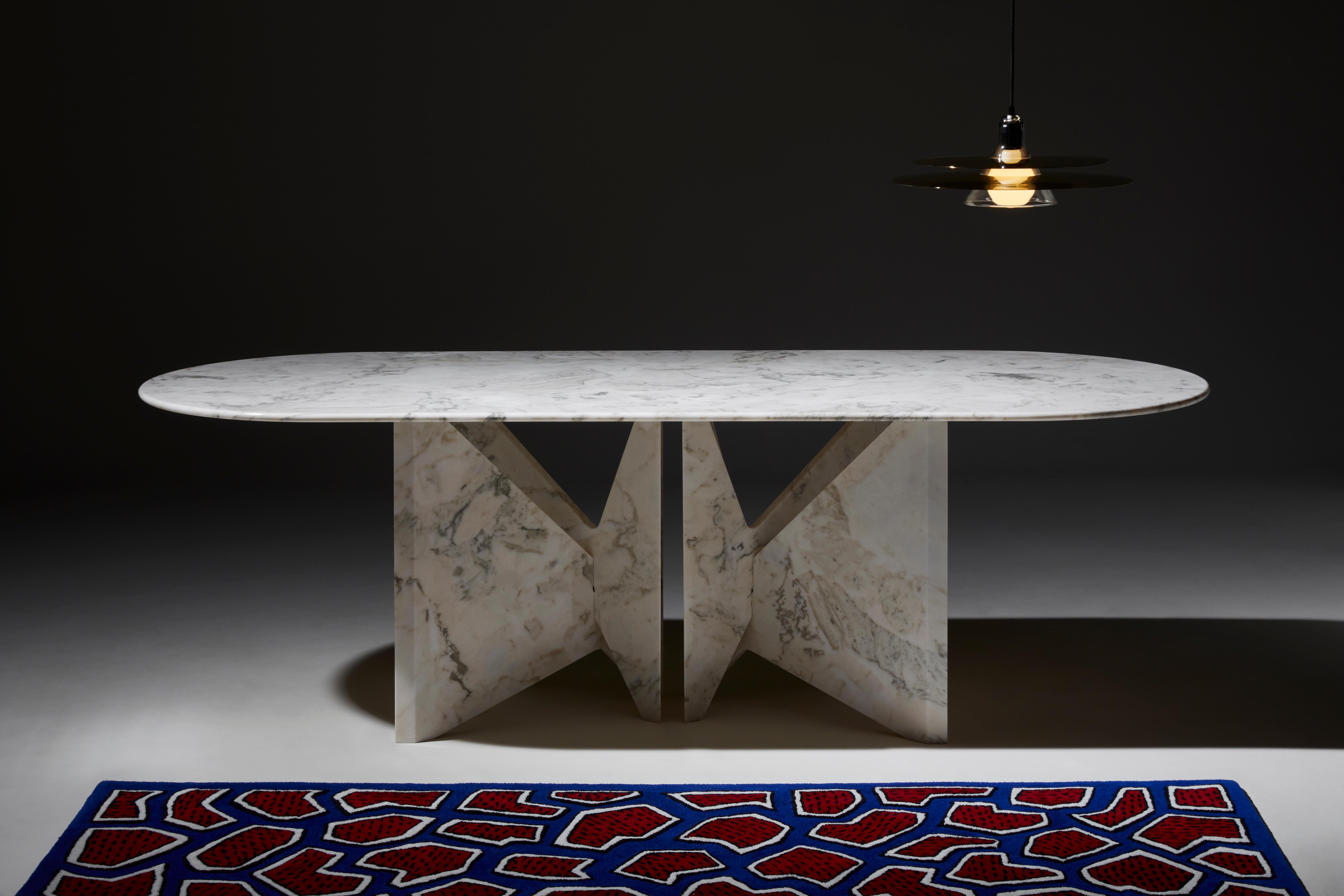Lamina Dinner Table, Veined Estremoz Marble by Hannes Peer for La Chance For Sale 4