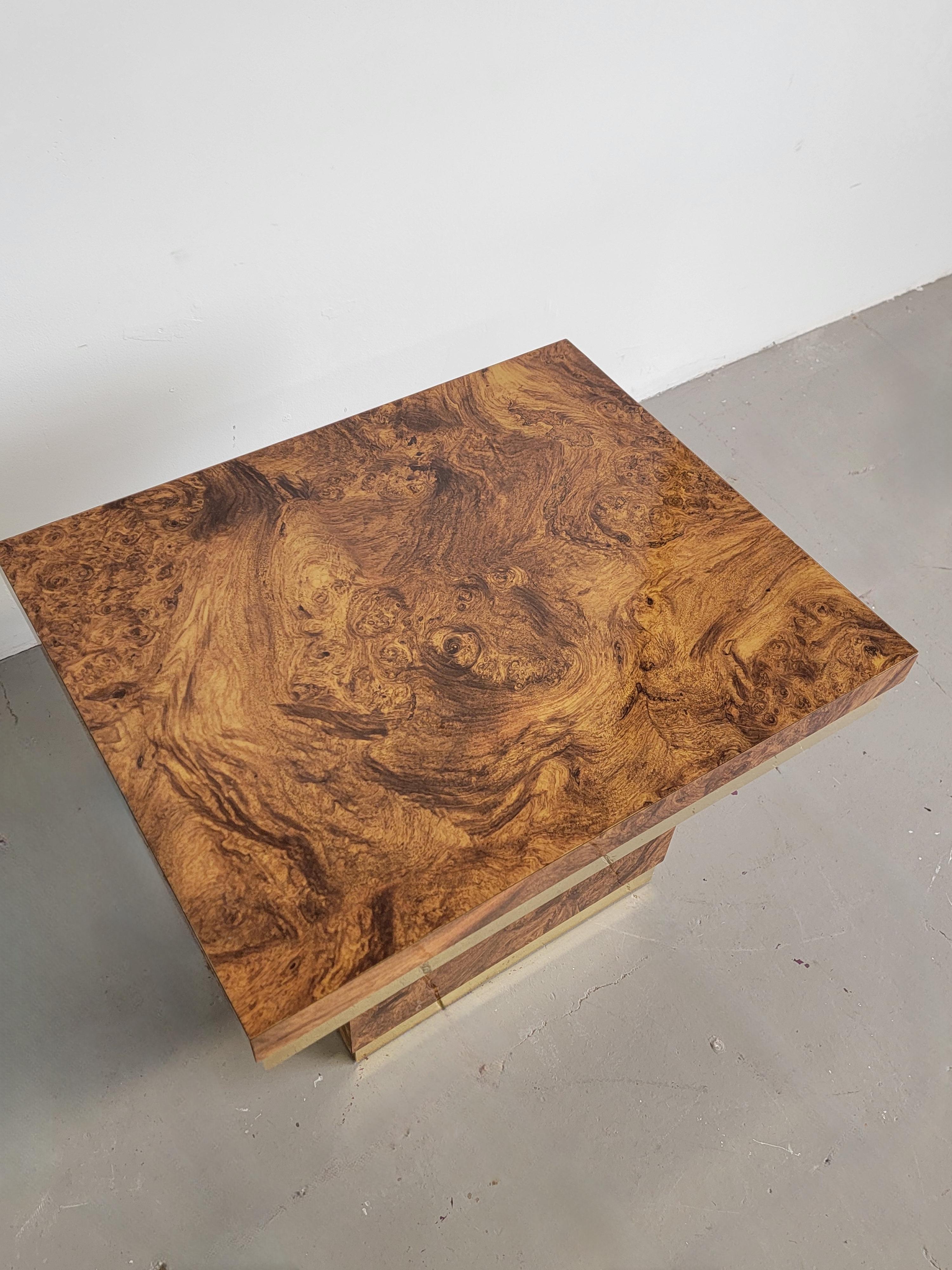 Post-Modern Laminated Burl Wood And Brass Side End Table