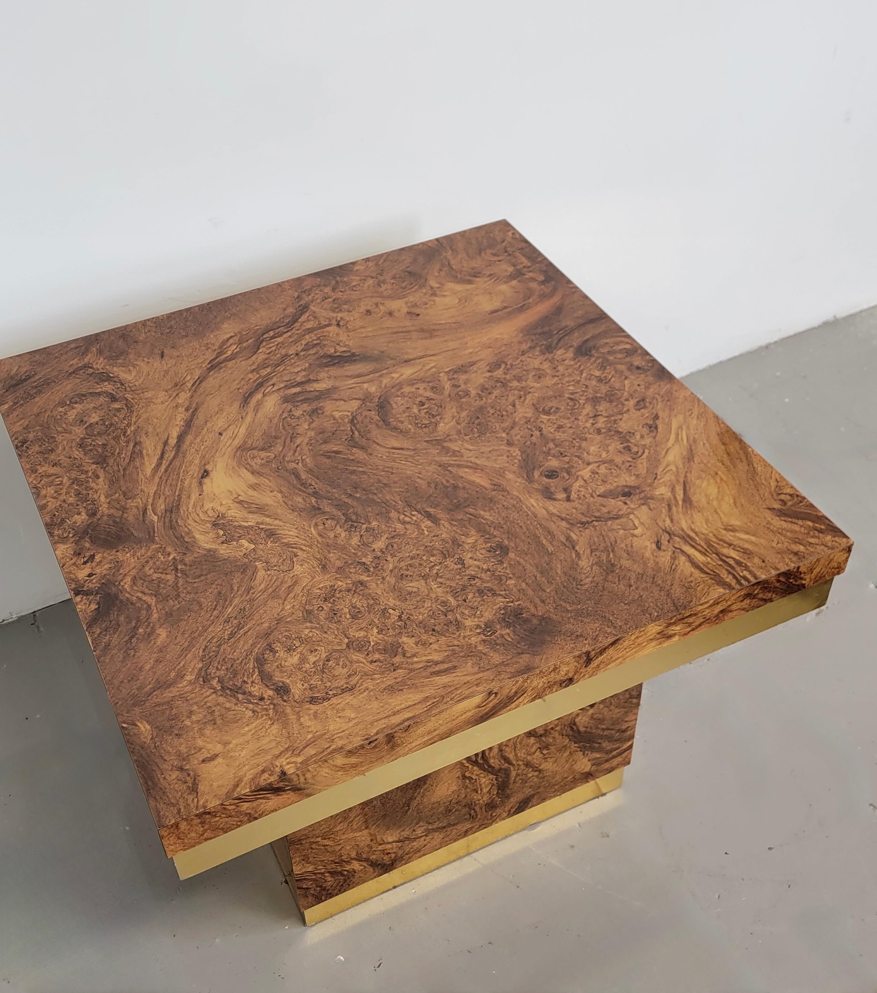 Post-Modern Laminated Burl Wood And Brass Table