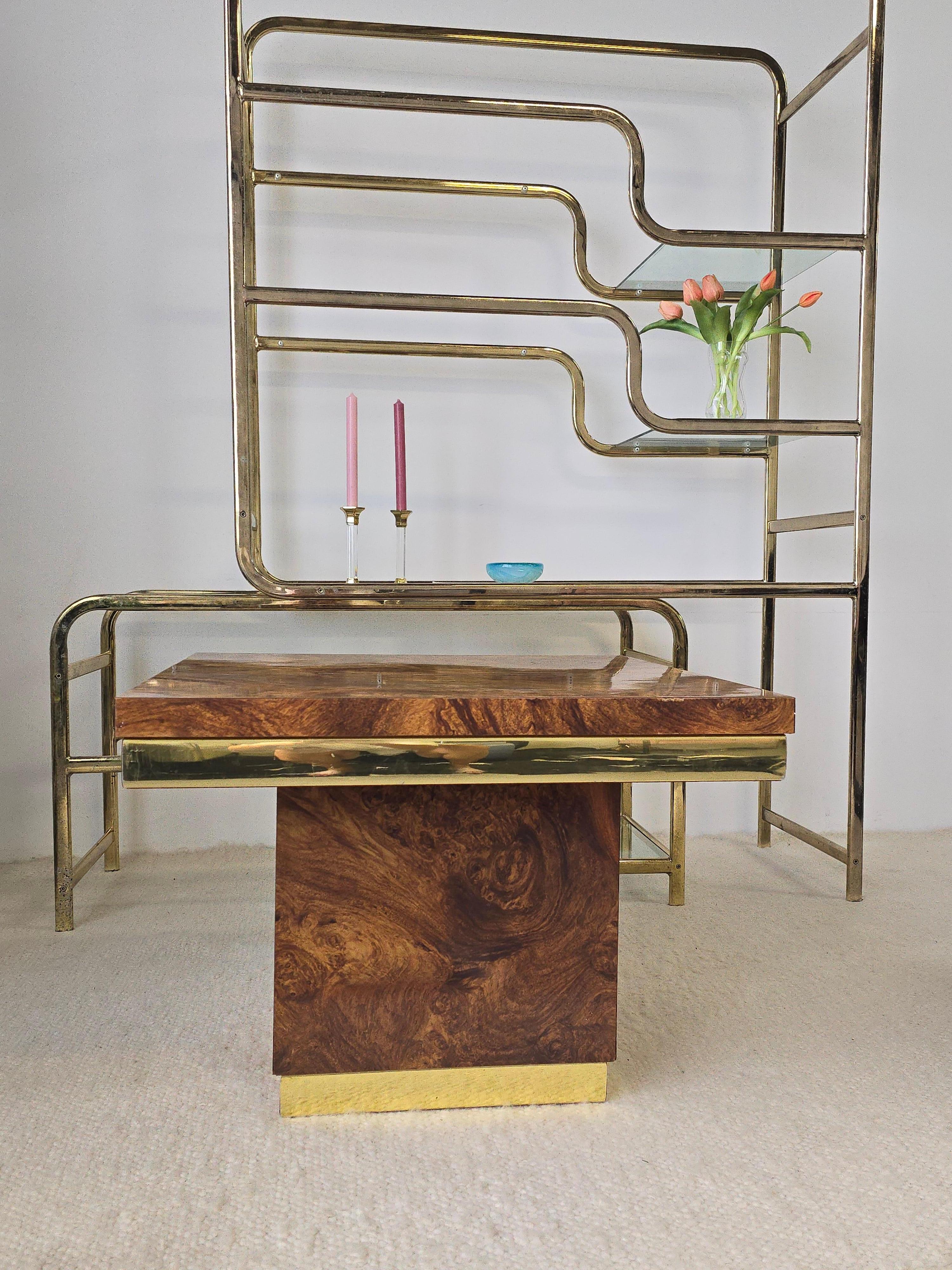 American Laminated Burl Wood And Brass Table