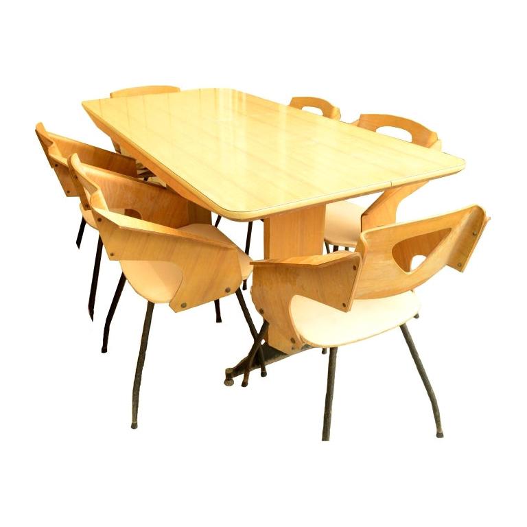 Table de salle à manger en bois stratifié des années 1940 Six chaises Sièges recouverts de skaï  Design italien