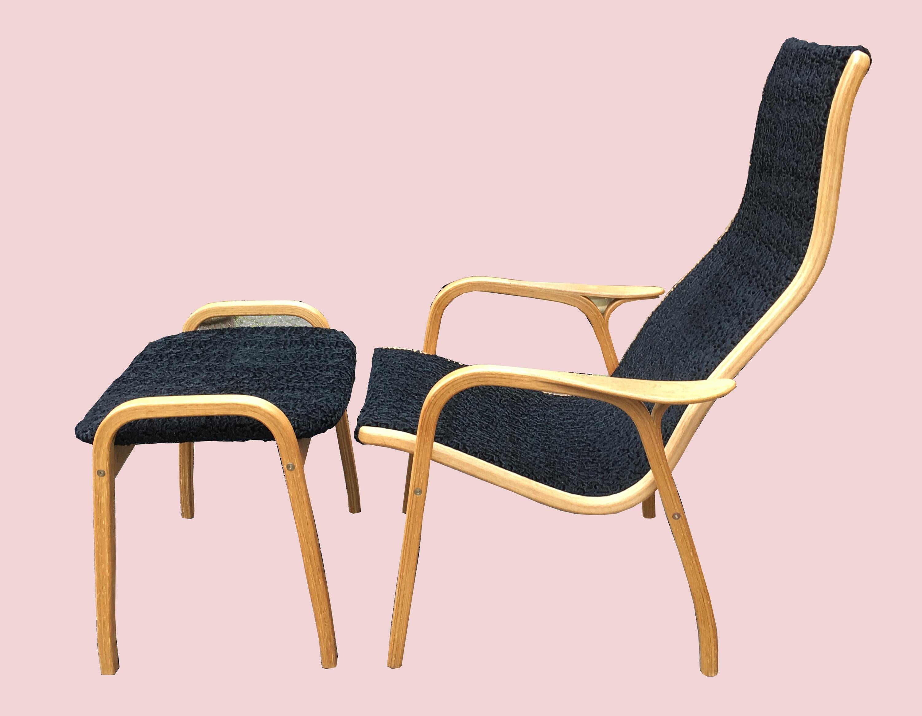 This is a particularly fine example of this super comfortable Swedish armchairs, the 'Lamino' designed by Yngve Ekstrom for Swedese. This one is covered in black Karakul, or as it is sometimes called Persian Lamb or Astrakhan.
It's in great
