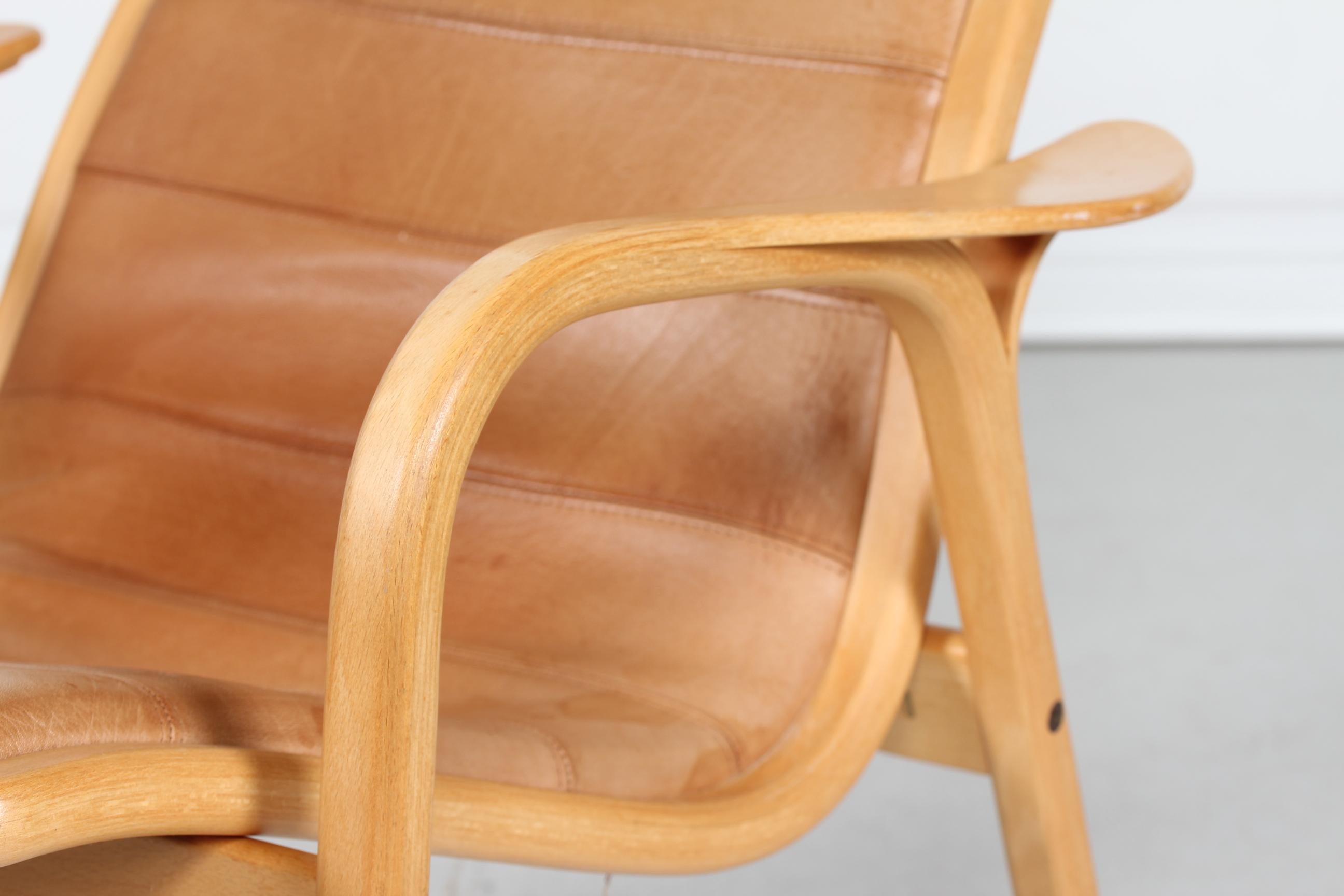 Late 20th Century Lamino Chair by Yngve Ekström with Cognac Colored Leather Made by Swedese Sweden For Sale