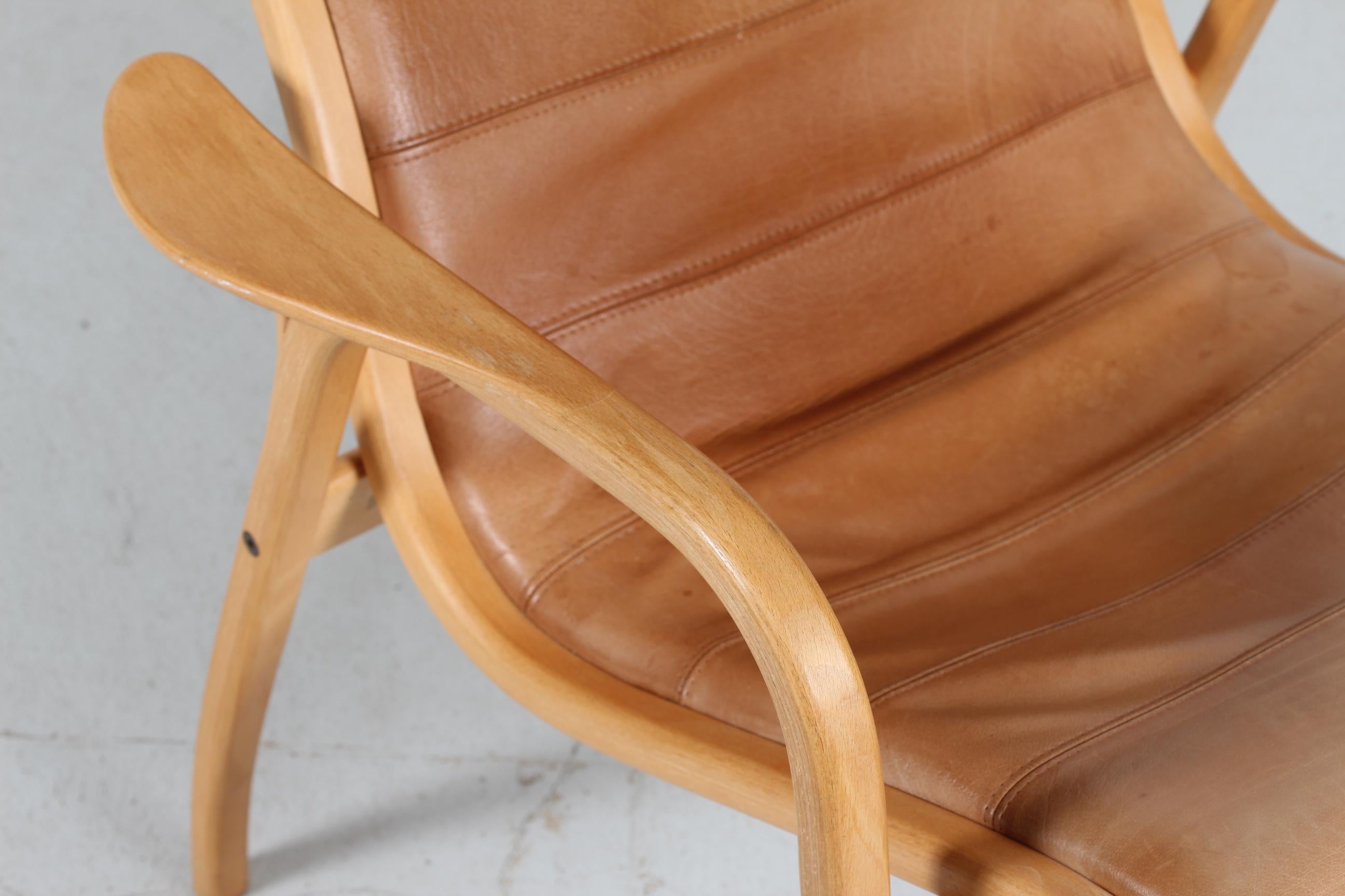 Chaise Lamino d'Yngve Ekström en cuir de couleur cognac fabriquée par Swedese Suède en vente 1