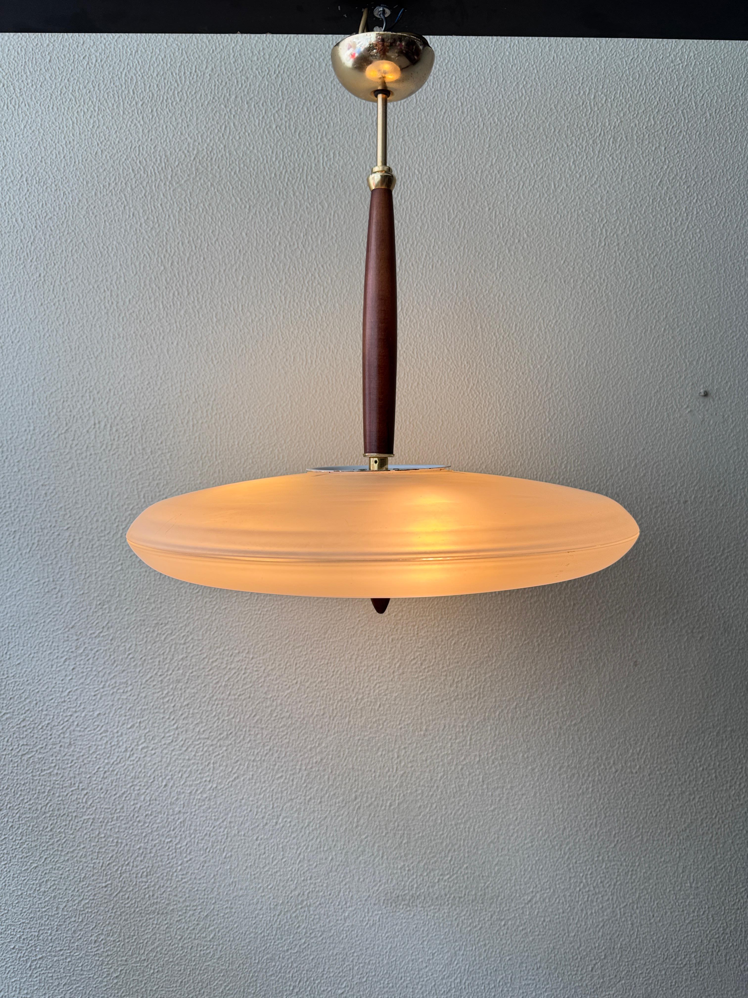 Lamiprogetti BAJA Lampada a sospensione in ottone e teak con vetro satinato Italia anni '80 in vendita 6