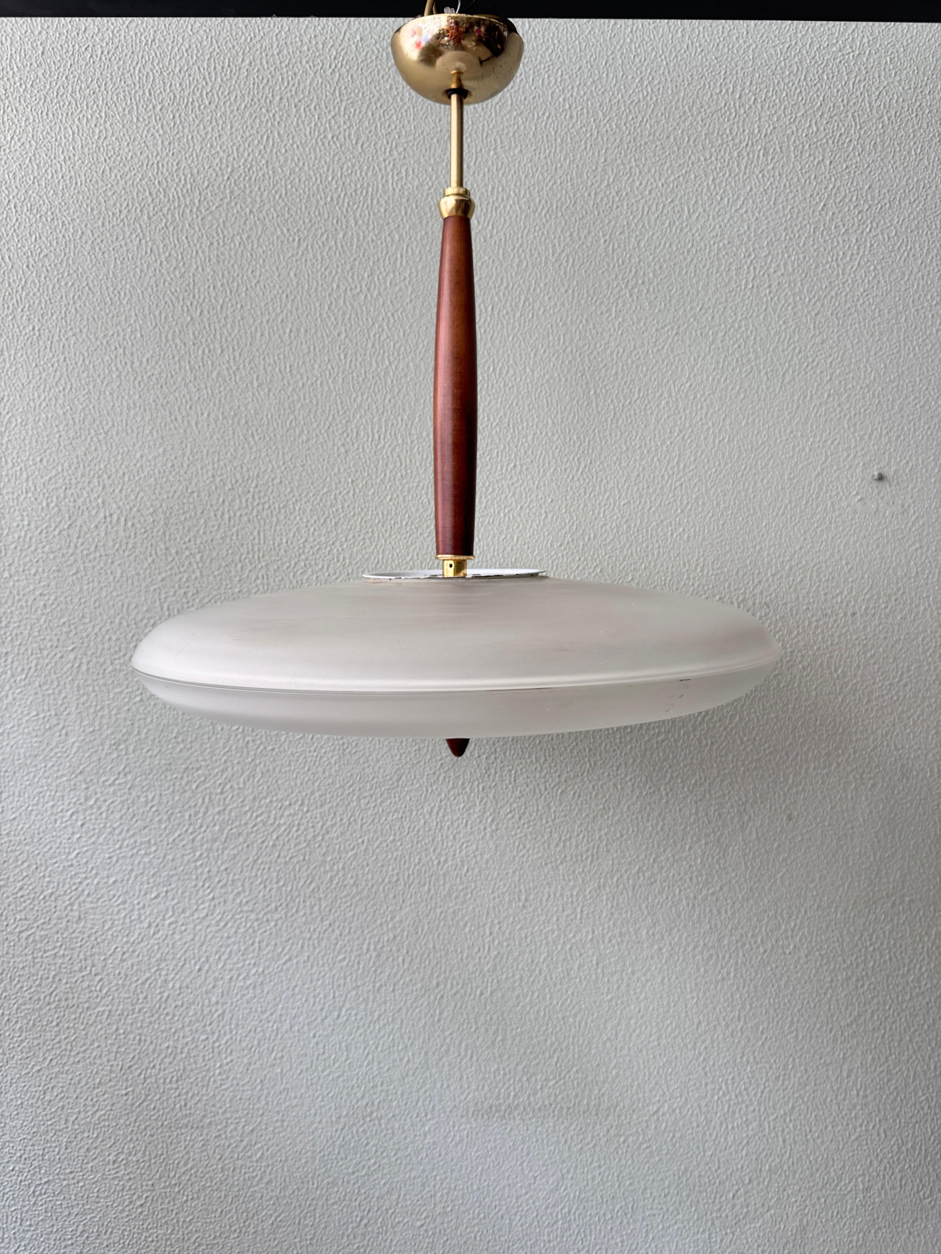 Lamiprogetti BAJA Lampada a sospensione in ottone e teak con vetro satinato Italia anni '80 in vendita 7