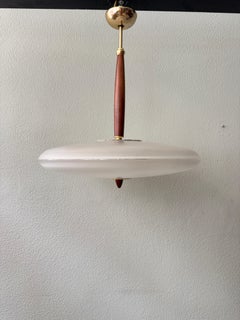 Lamiprogetti BAJA Pendant Lamp Brass Teak Frosted Glass Italy 1980s