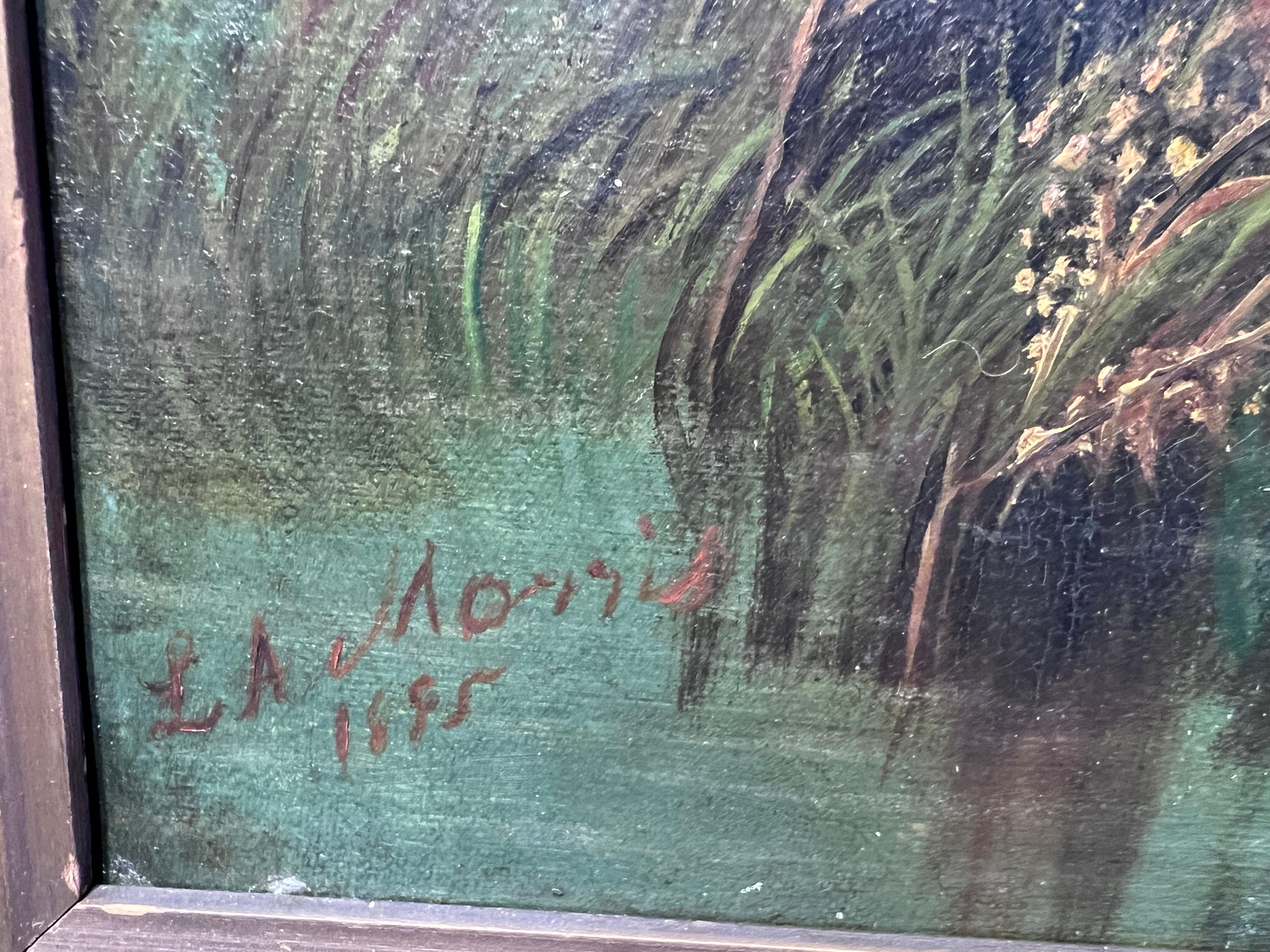 1895 Antiquités 19c. Grande peinture à l'huile sur toile de L.A.Morris Farm Landscape cows en vente 9