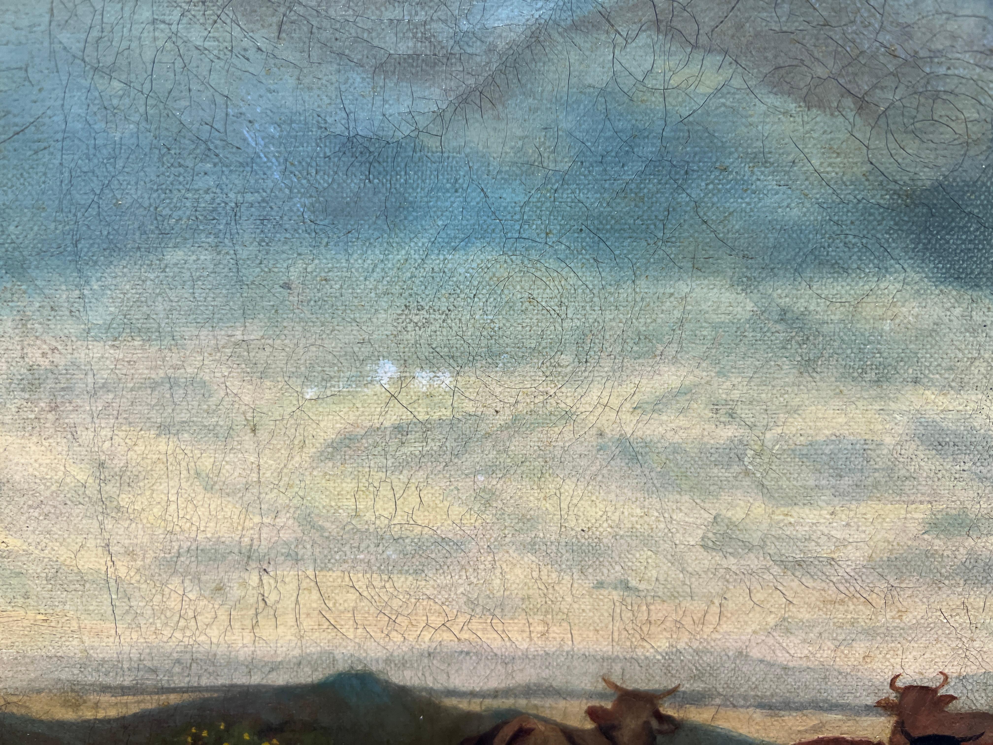 1895 Antiquités 19c. Grande peinture à l'huile sur toile de L.A.Morris Farm Landscape cows en vente 10