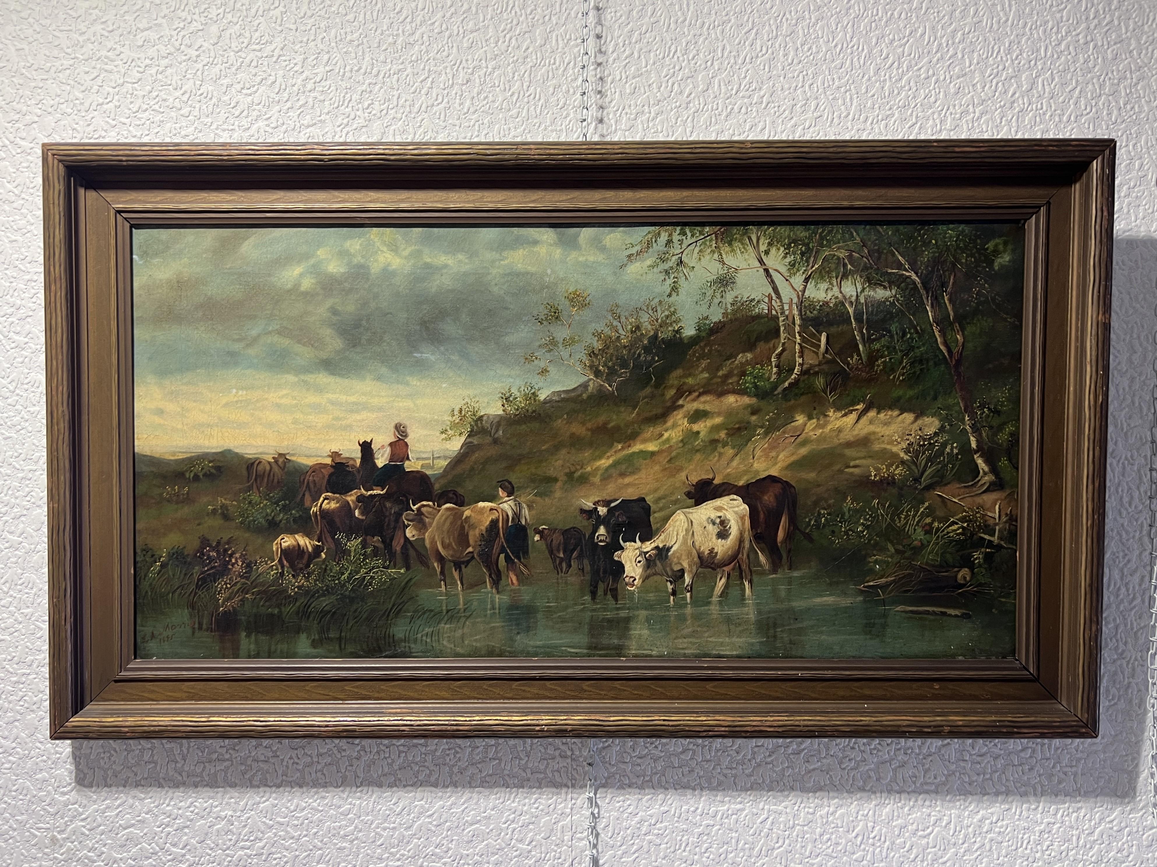 1895 Antiquités 19c. Grande peinture à l'huile sur toile de L.A.Morris Farm Landscape cows en vente 1
