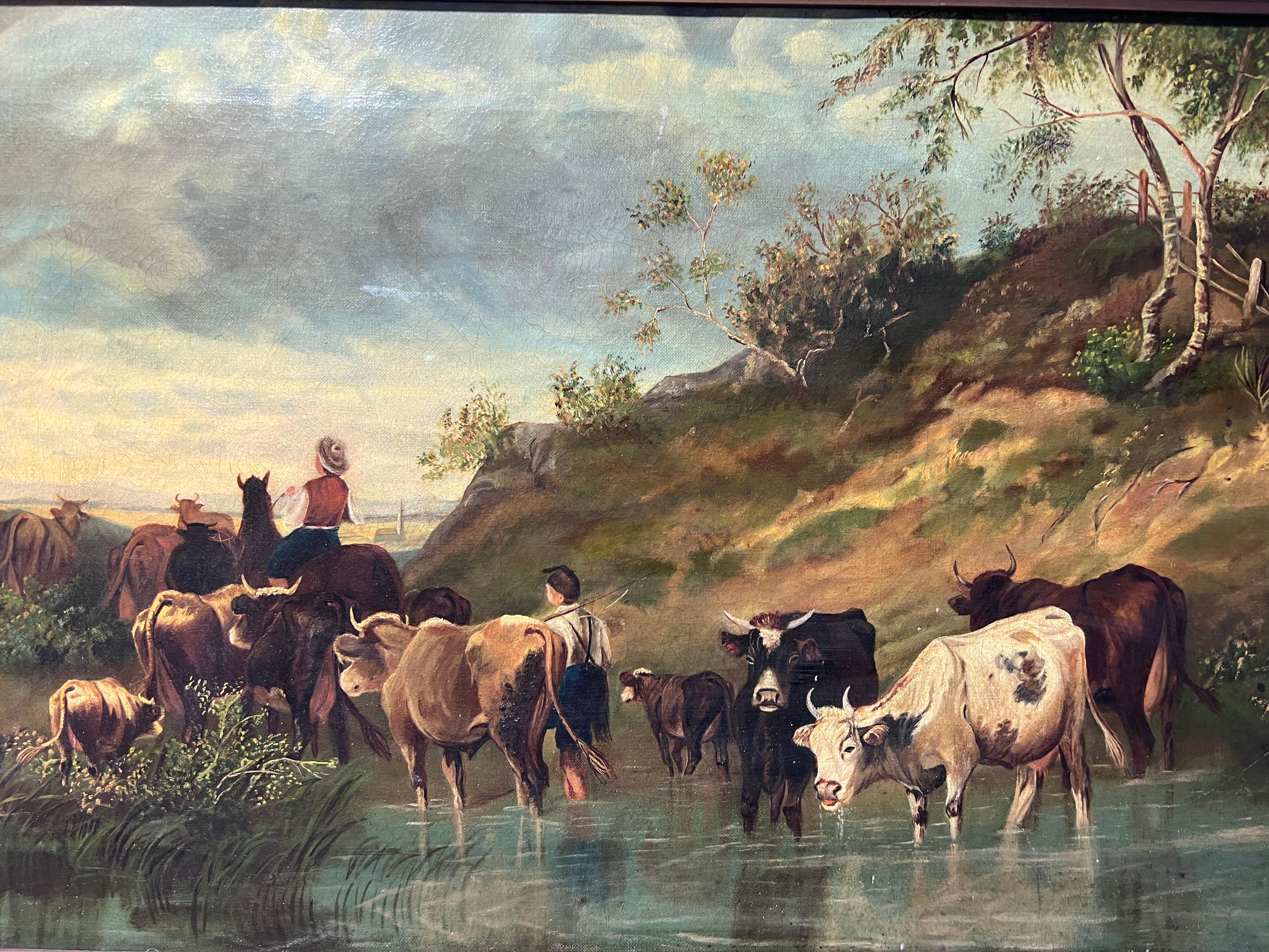 1895 Antiquités 19c. Grande peinture à l'huile sur toile de L.A.Morris Farm Landscape cows en vente 2