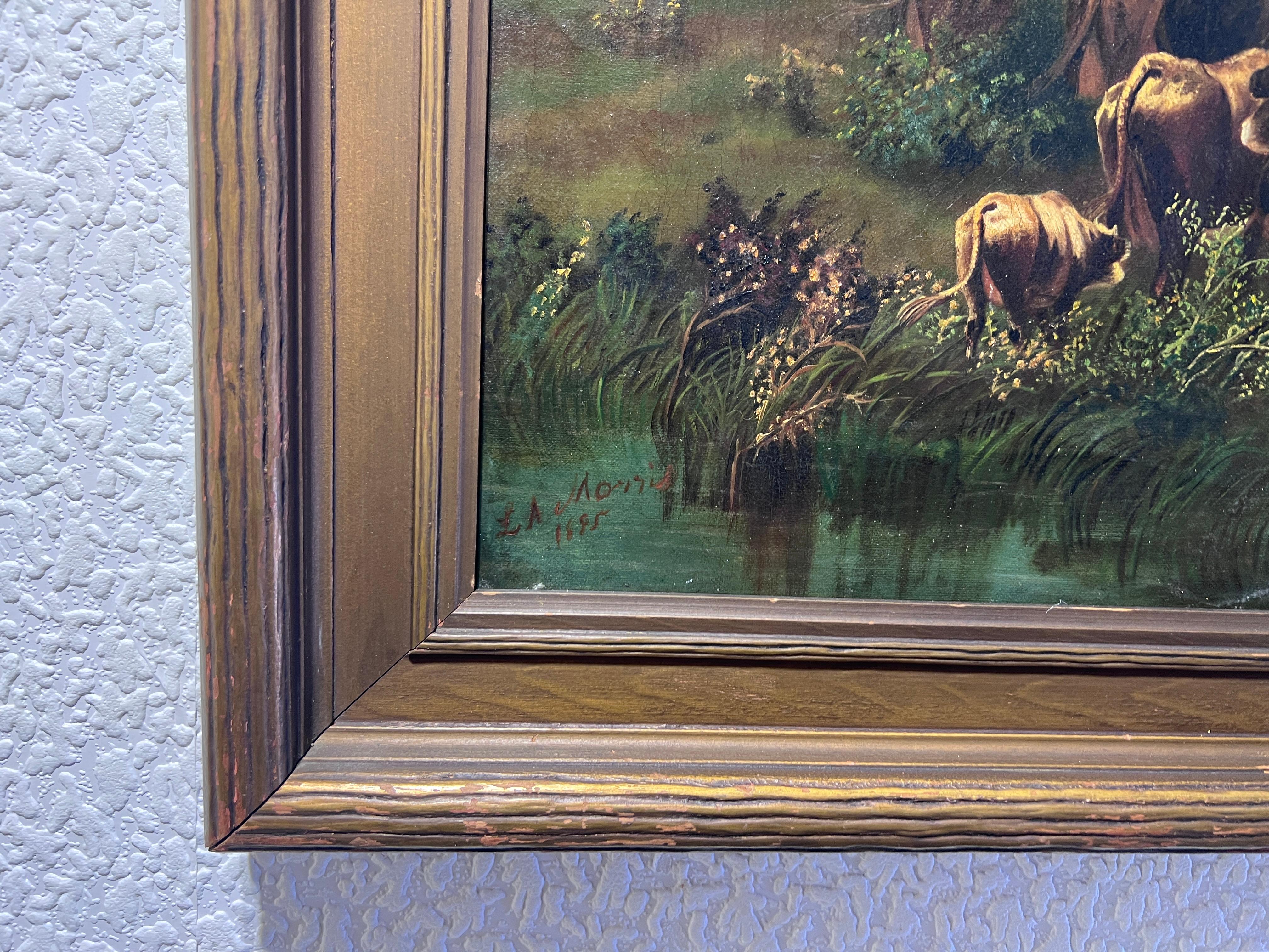 1895 Antique 19c. Large oil painting on canvas by L.A.Morris Farm Landscape cows For Sale 2